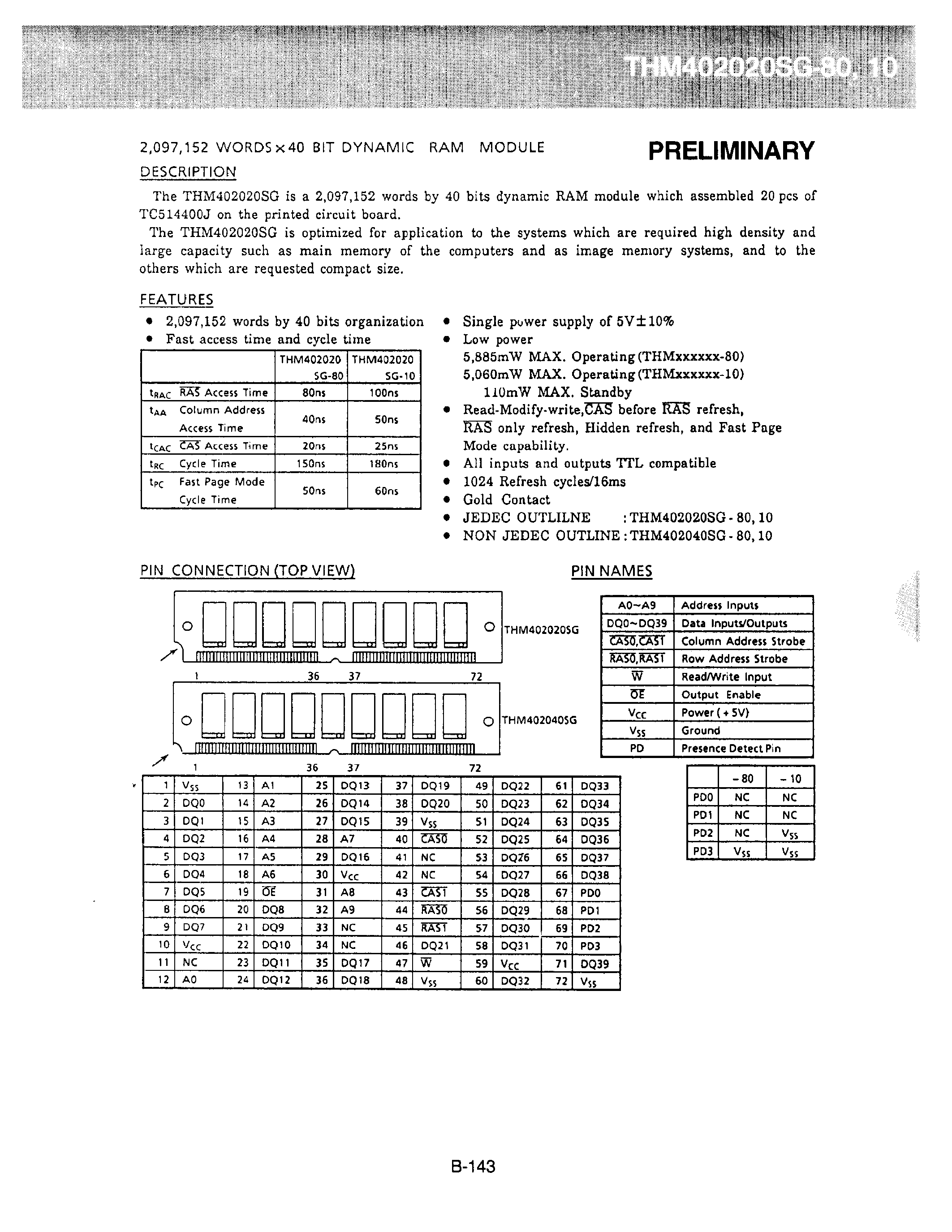 Datasheet THM402020SG-10 page 1 Datasheet THM402020SG-10 - 2/097/152 WORDSx40 BIT DYNAMIC RAM MODULE page 1