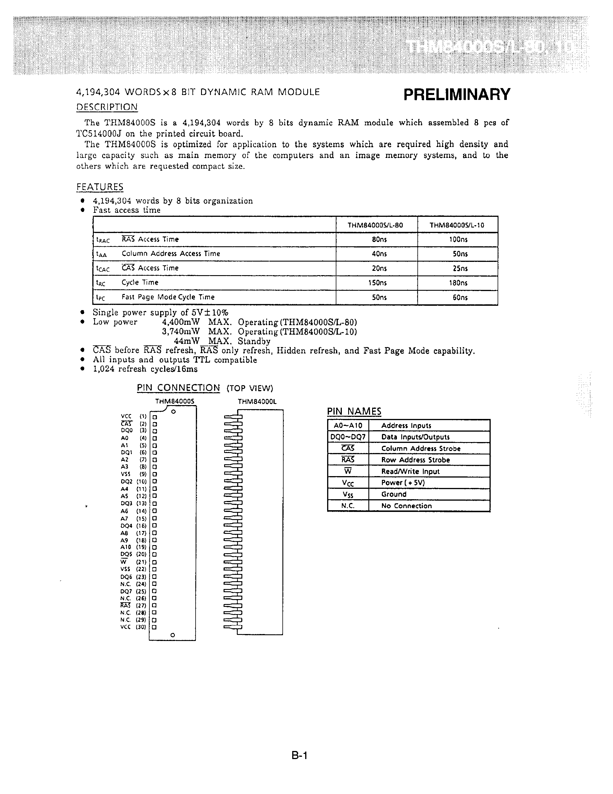Datasheet THM84000L-80 - 4/194/304 WORDSx8 BIT DYNAMIC RAM MODULE page 1