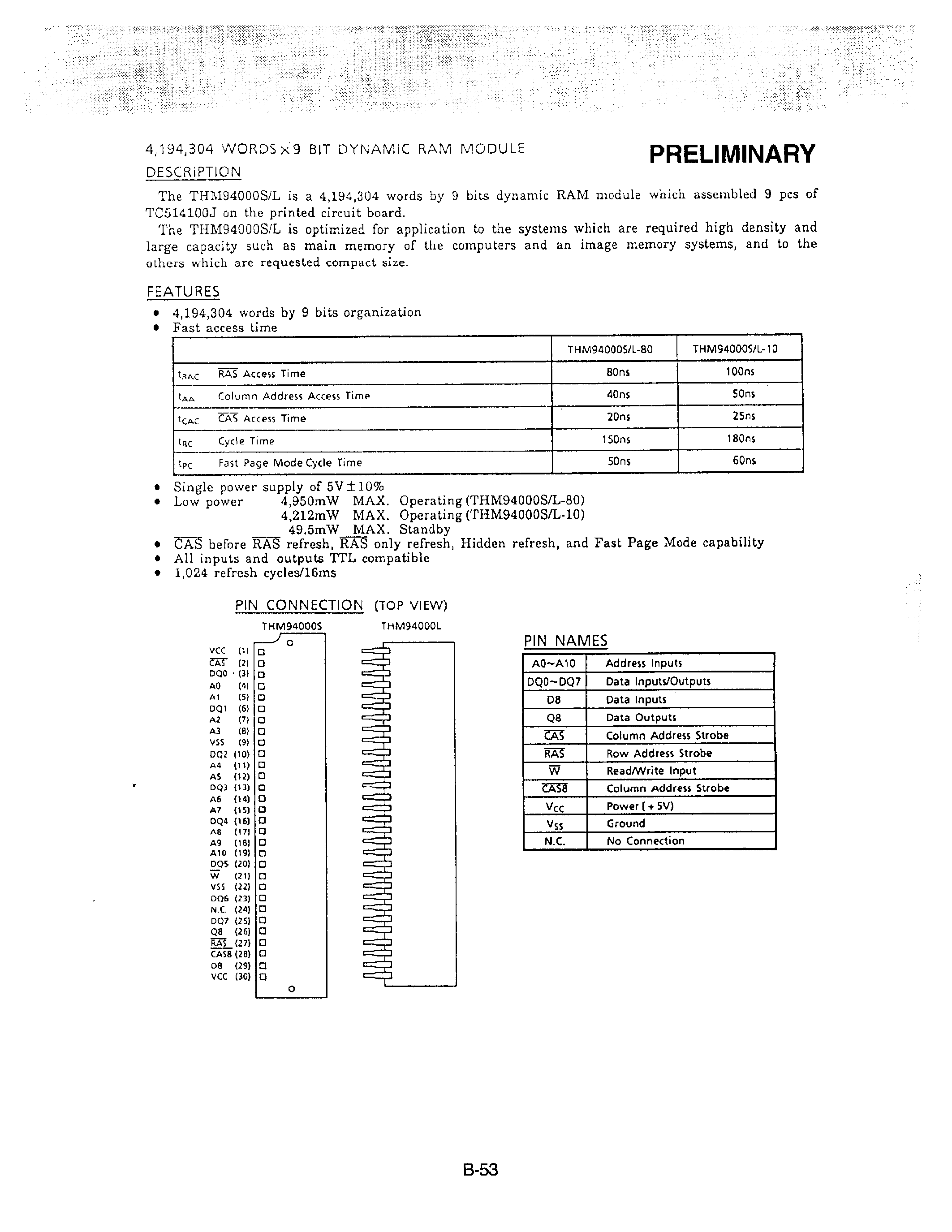 Даташит THM94000L-10 - 4/194/304 WORDS x 9 BIT DYNAMIC RAM MODULE страница 1