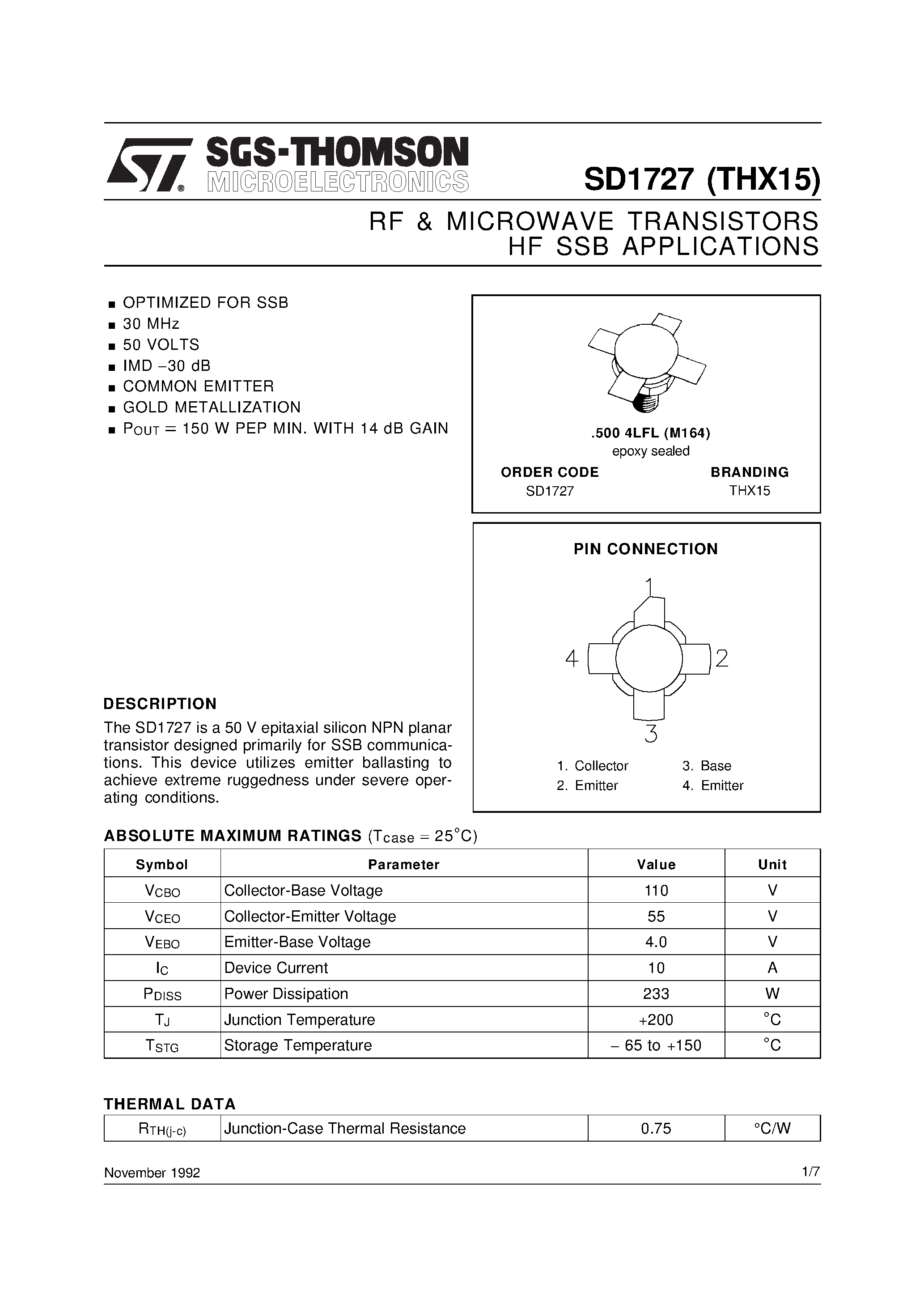 Datasheet THX15 - RF & MICROWAVE TRANSISTORS HF SSB APPLICATIONS page 1