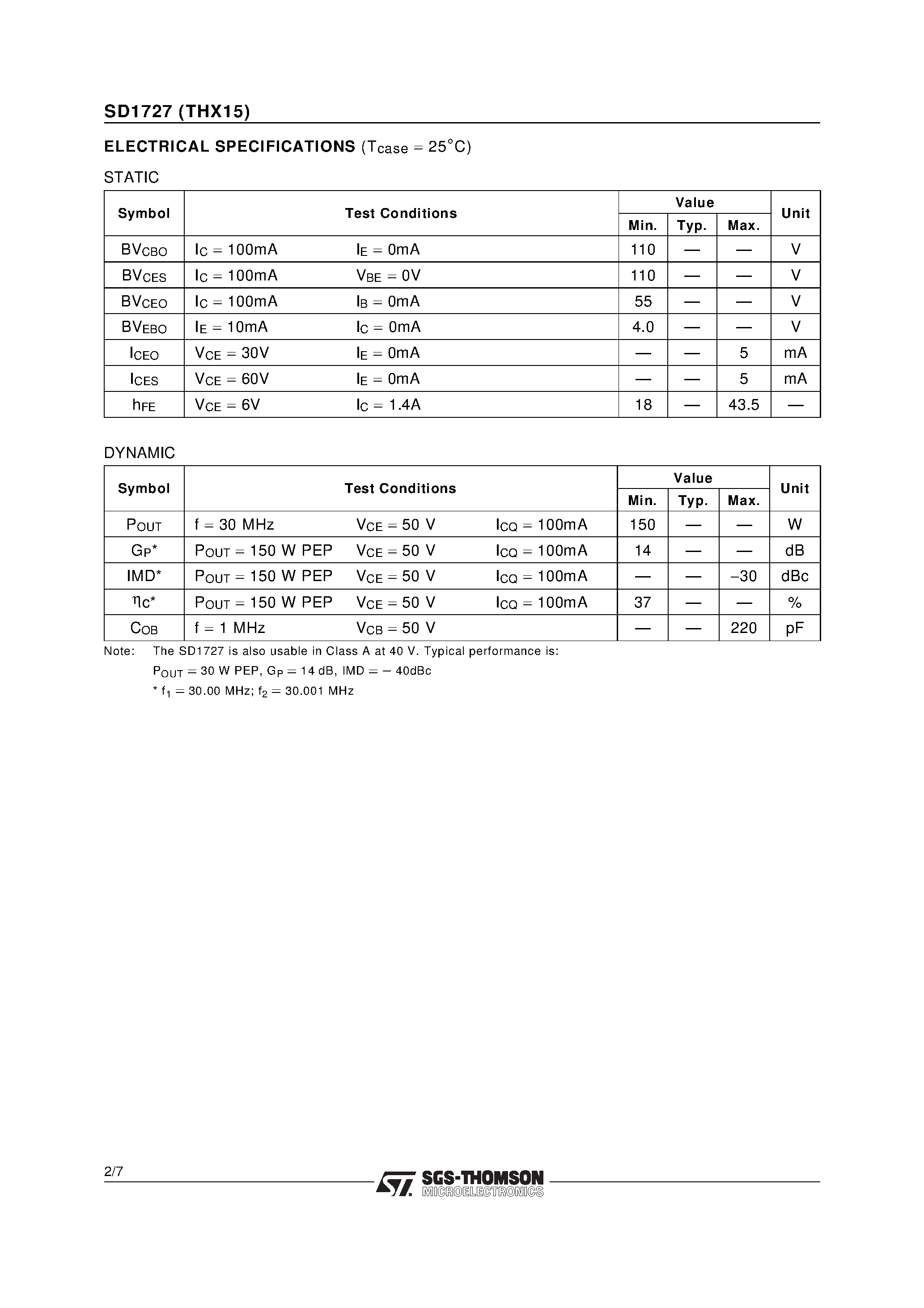 Datasheet THX15 - RF & MICROWAVE TRANSISTORS HF SSB APPLICATIONS page 2