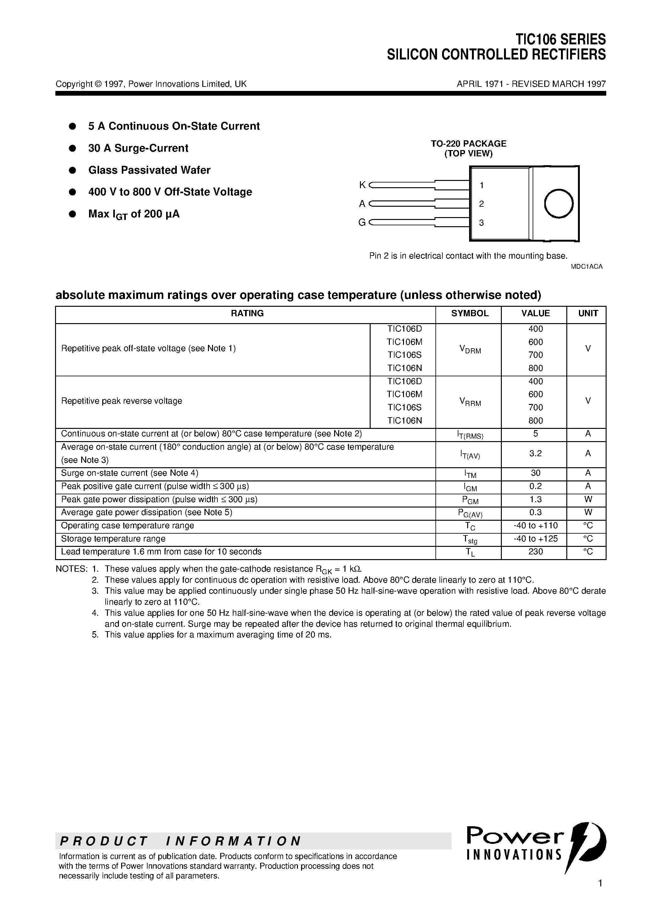 Datasheet TIC106M - SILICON CONTROLLED RECTIFIERS page 1
