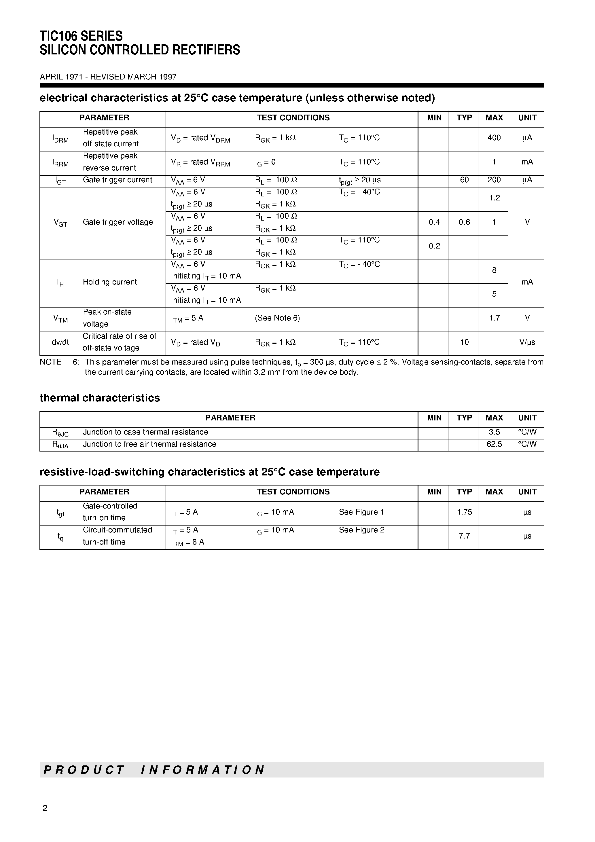 Datasheet TIC106M - SILICON CONTROLLED RECTIFIERS page 2