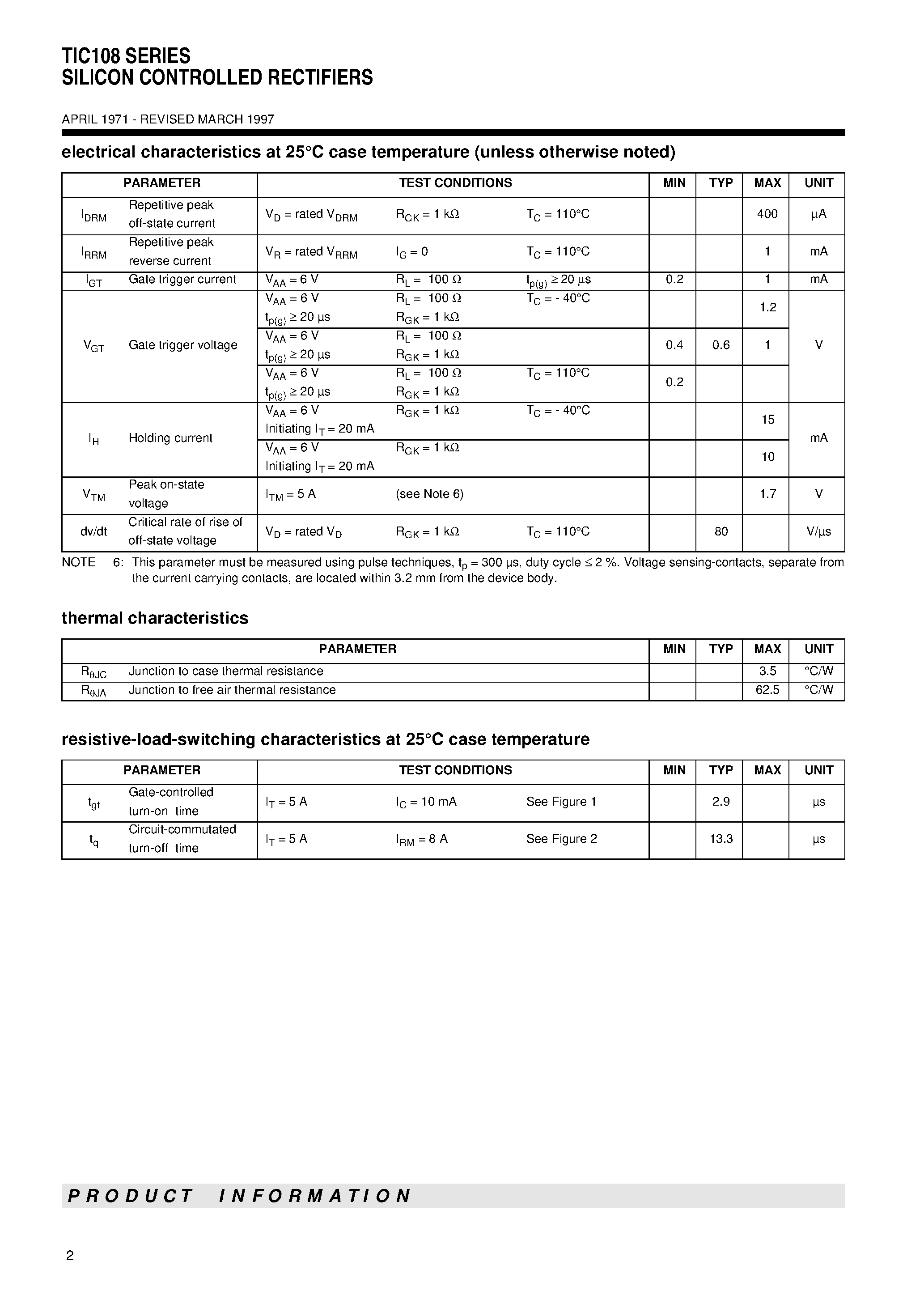 Datasheet TIC108 - SILICON CONTROLLED RECTIFIERS page 2