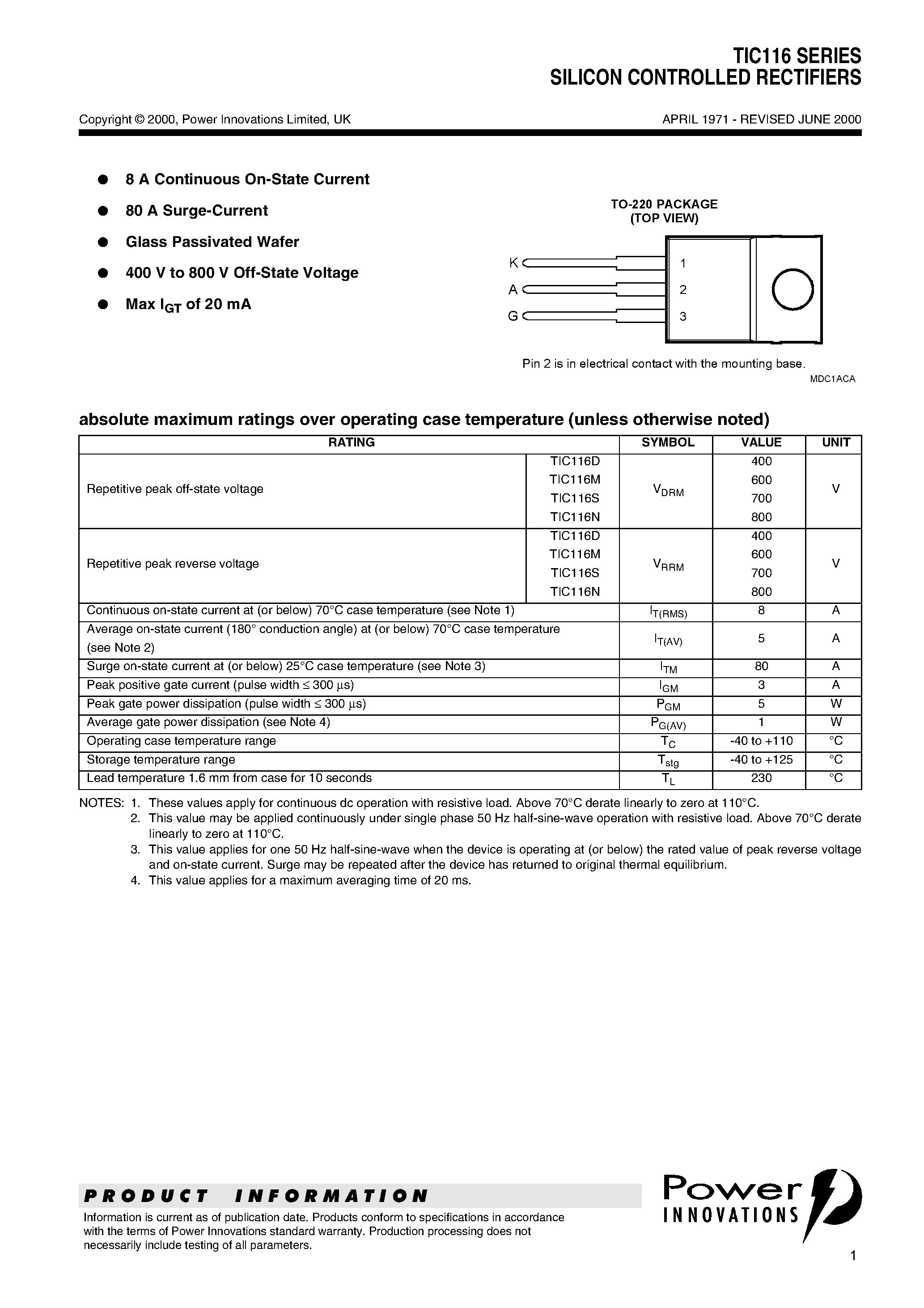 Datasheet TIC116 - SILICON CONTROLLED RECTIFIERS page 1