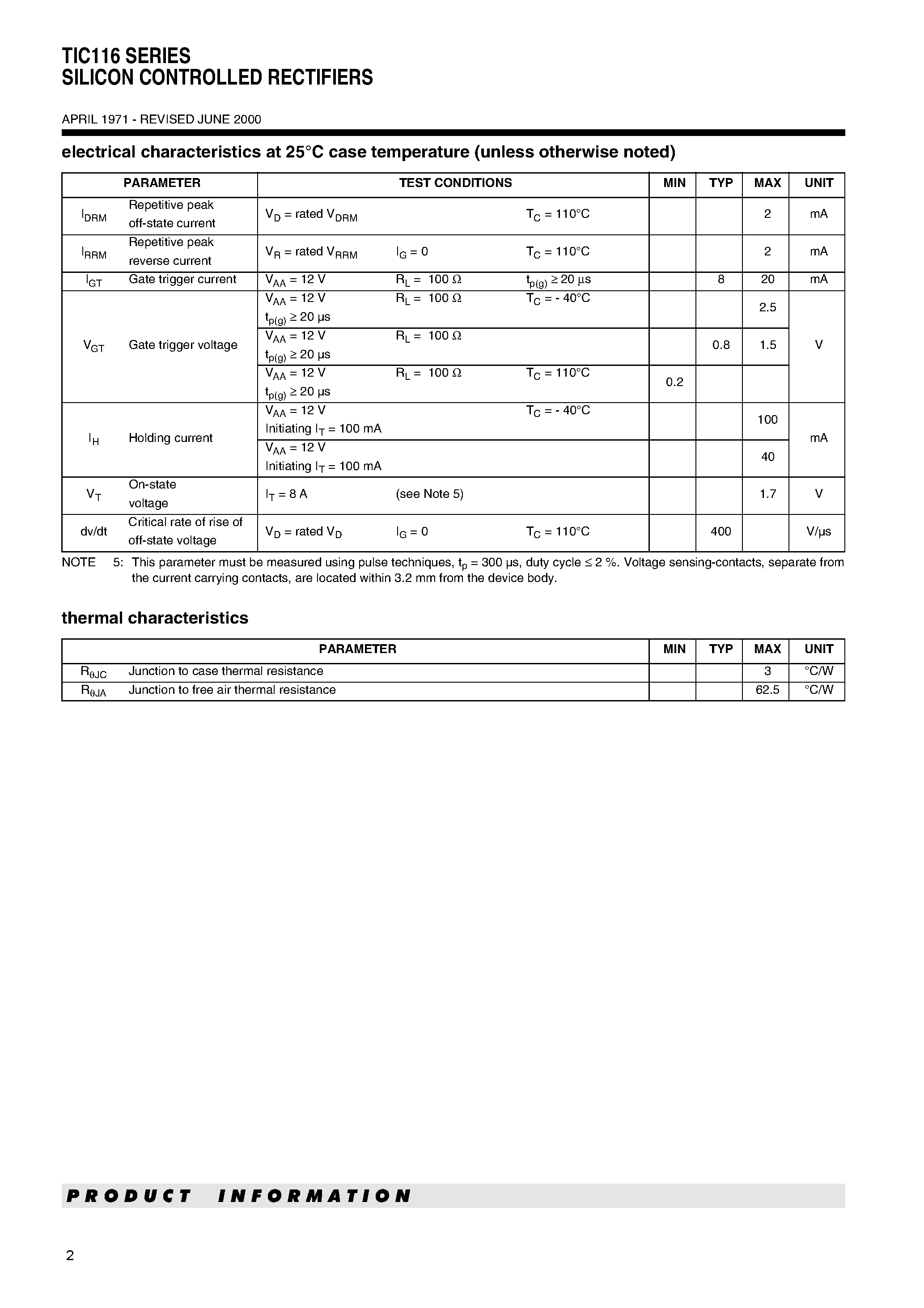Datasheet TIC116S page 2 Datasheet TIC116S - SILICON CONTROLLED RECTIFIERS page 2