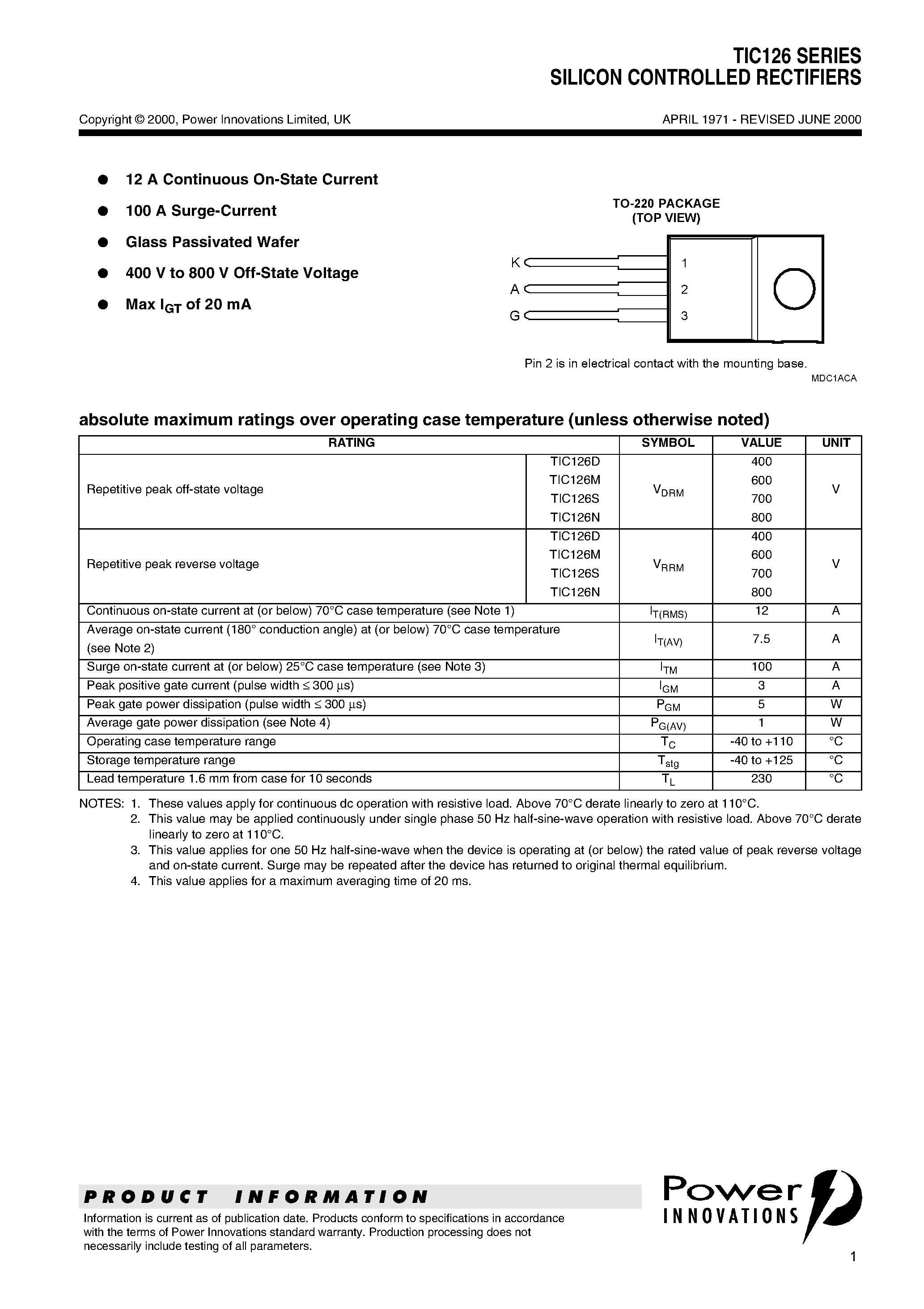 Datasheet TIC126D - SILICON CONTROLLED RECTIFIERS page 1