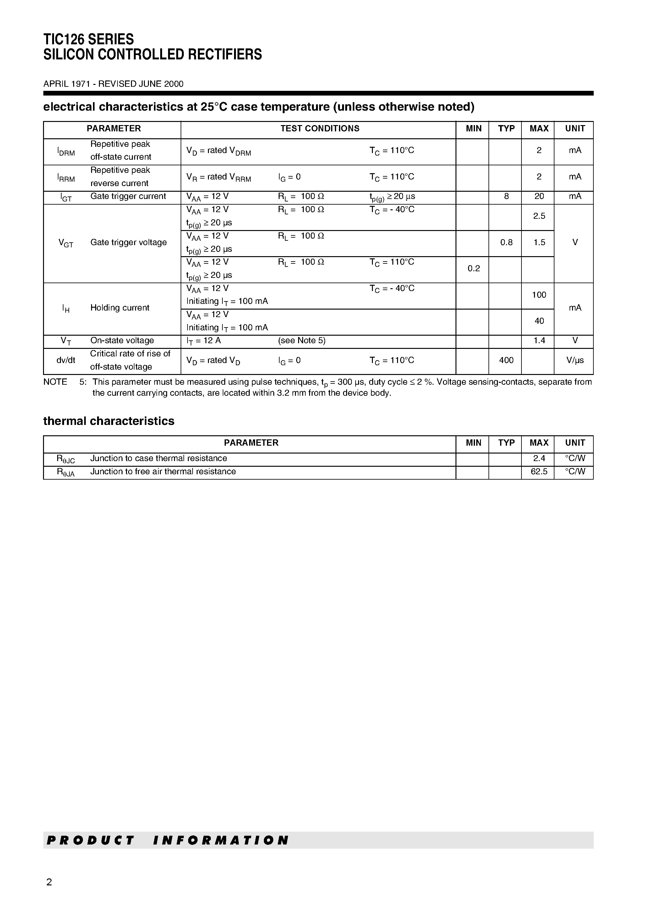 Datasheet TIC126S page 2 Datasheet TIC126S - SILICON CONTROLLED RECTIFIERS page 2