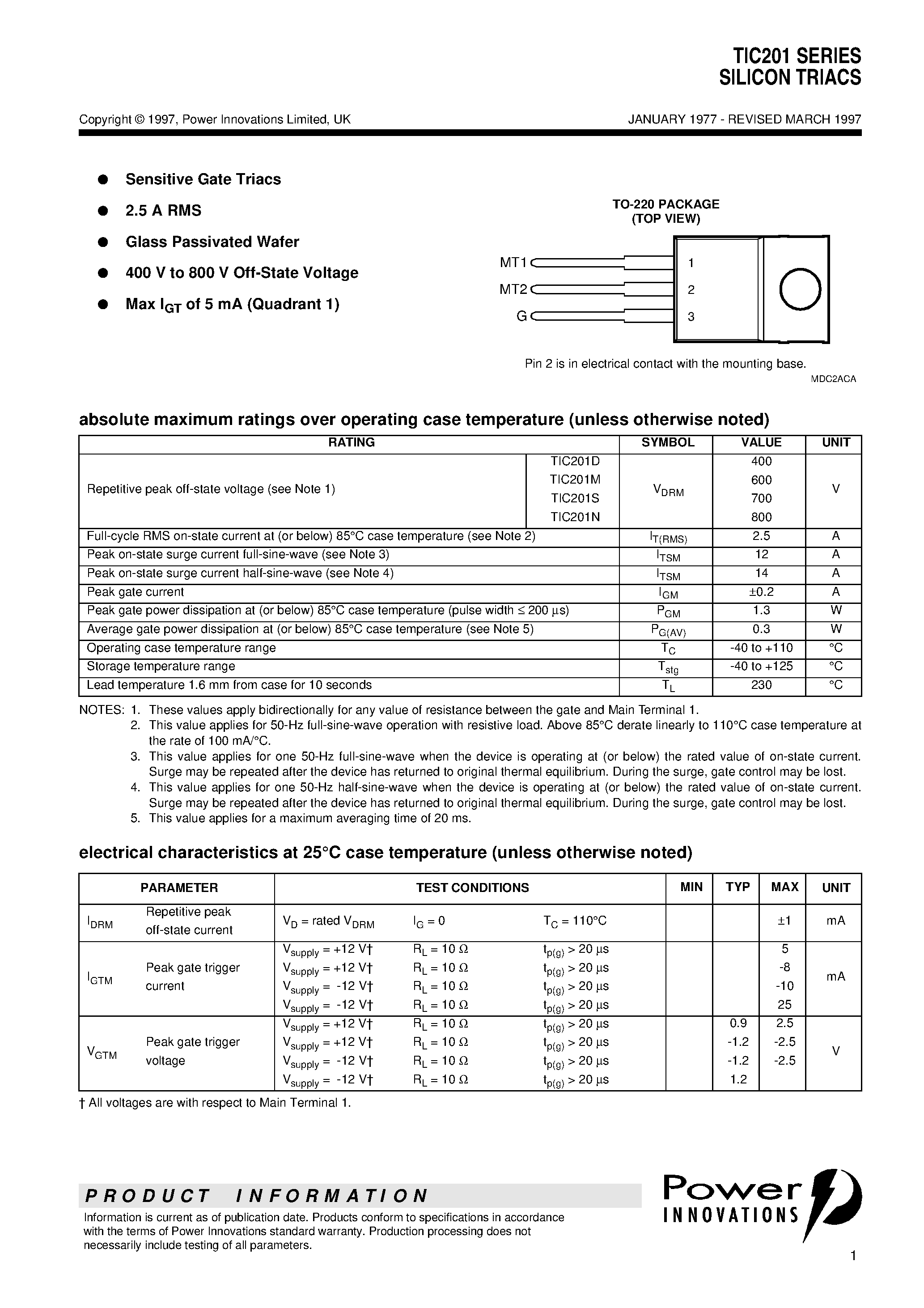 Datasheet TIC201M - SILICON TRIACS page 1