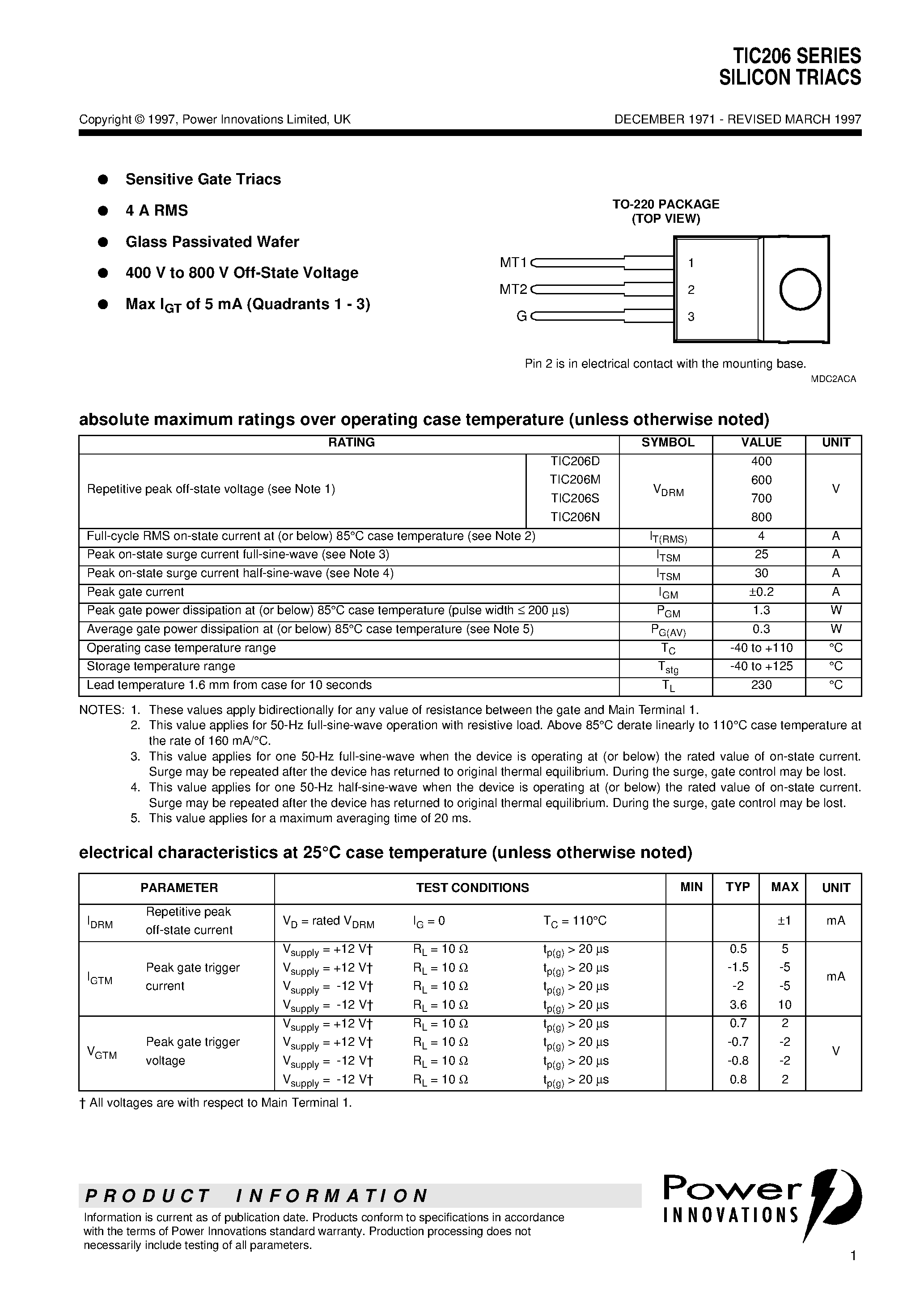 Datasheet TIC206N - SILICON TRIACS page 1