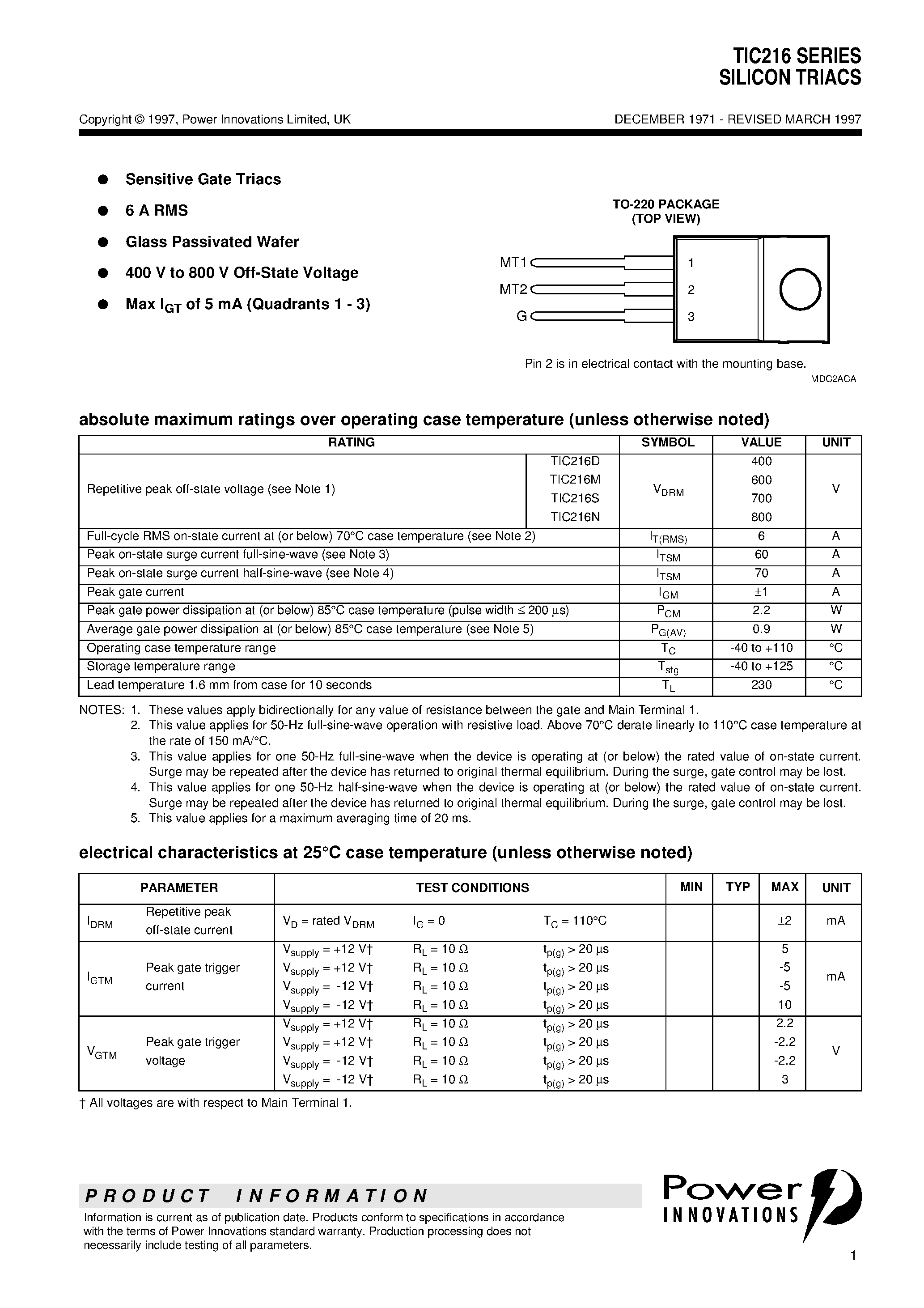 Datasheet TIC216D - SILICON TRIACS page 1