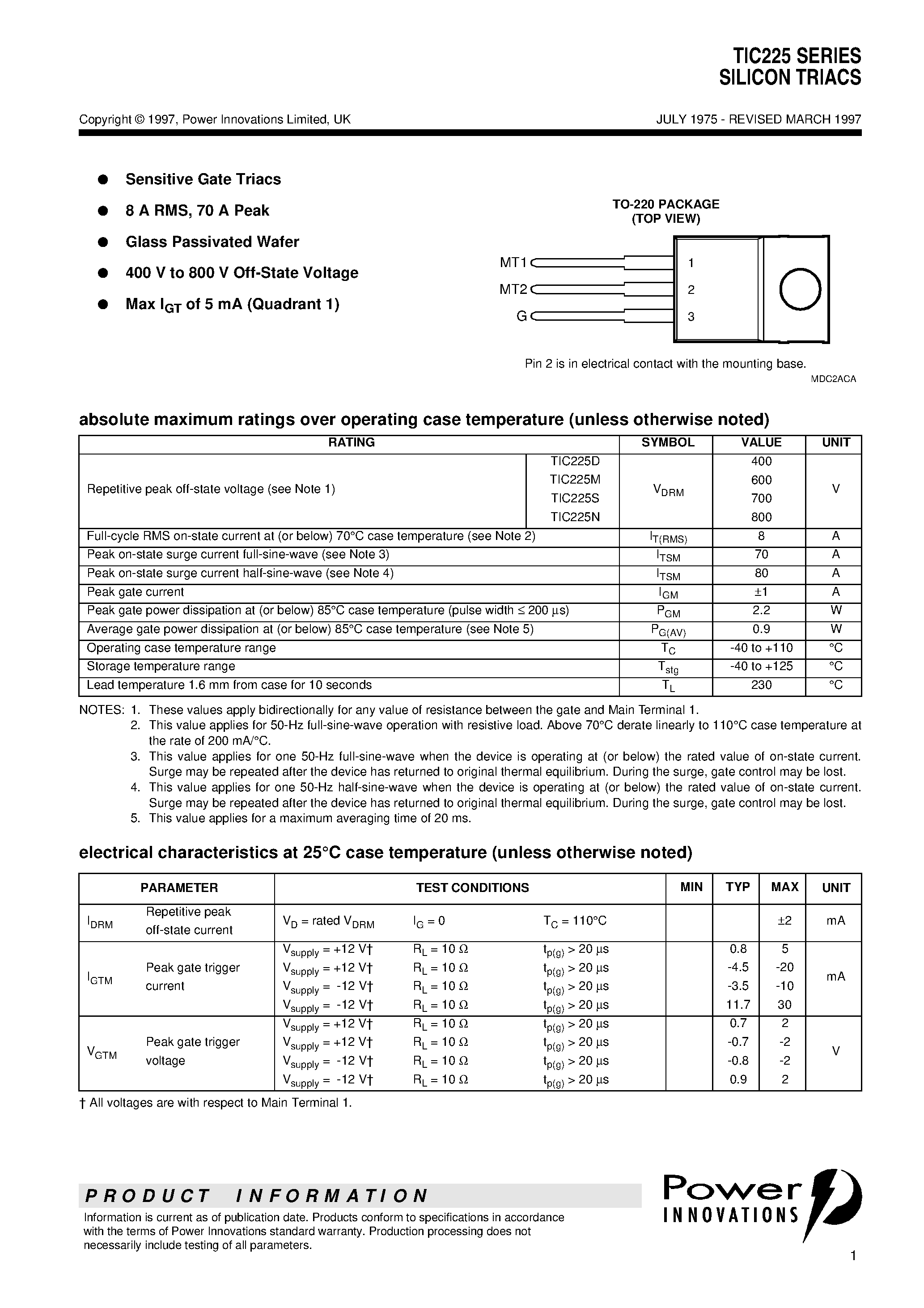 Datasheet TIC225 - SILICON TRIACS page 1