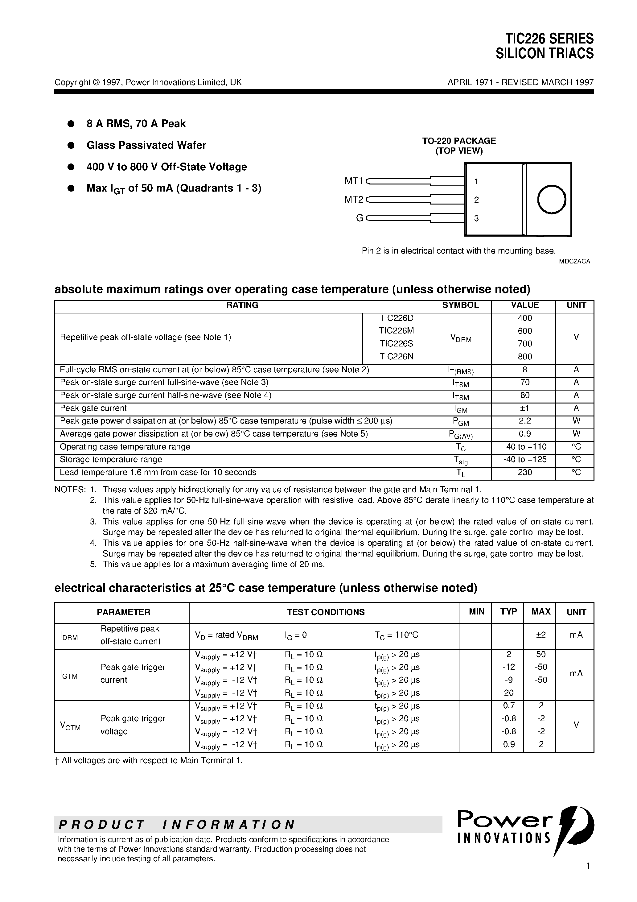 Datasheet TIC226D - SILICON TRIACS page 1