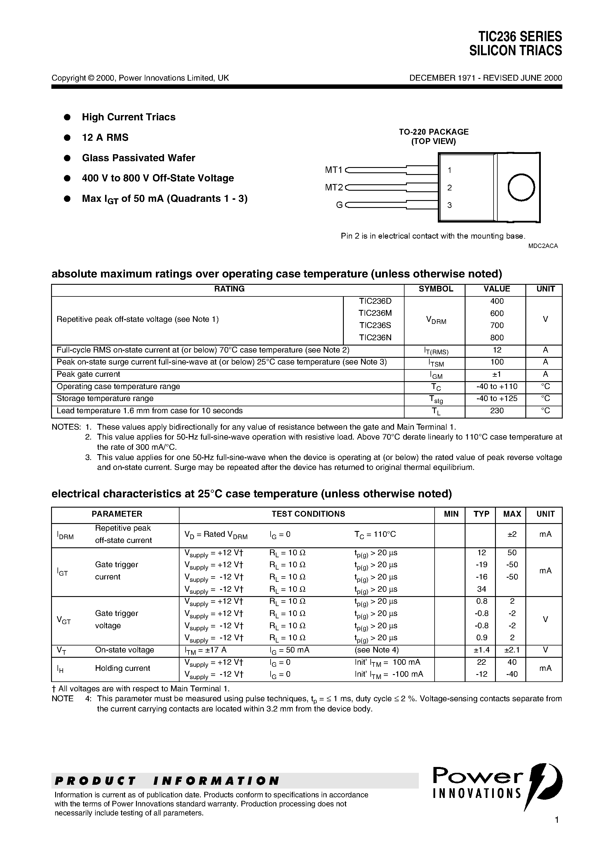 Datasheet TIC236N - SILICON TRIACS page 1
