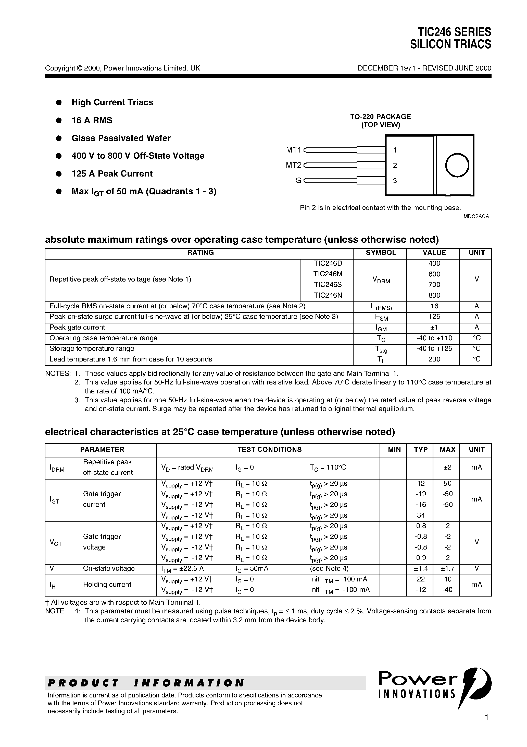 Datasheet TIC246D - SILICON TRIACS page 1