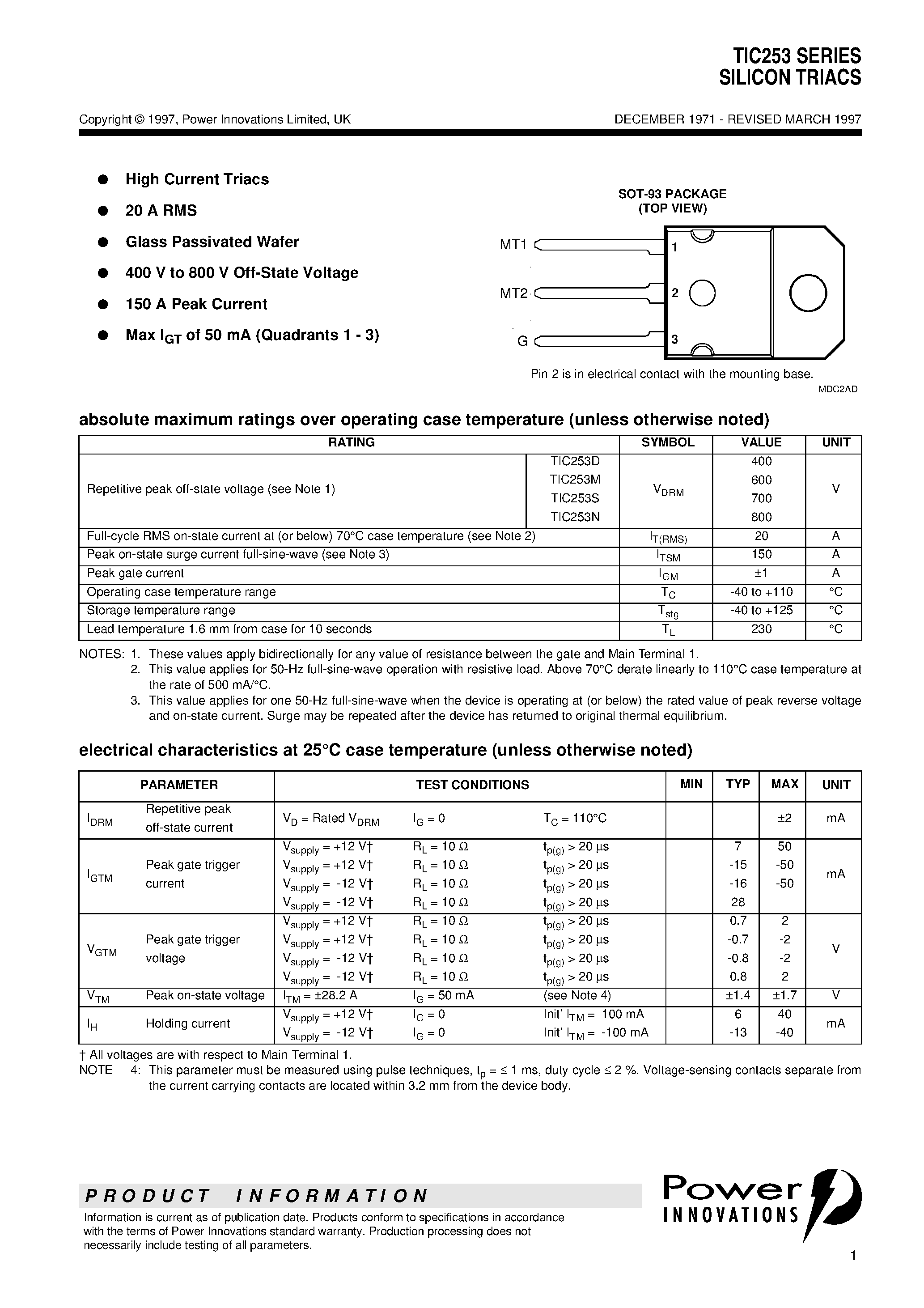 Datasheet TIC253M - SILICON TRIACS page 1