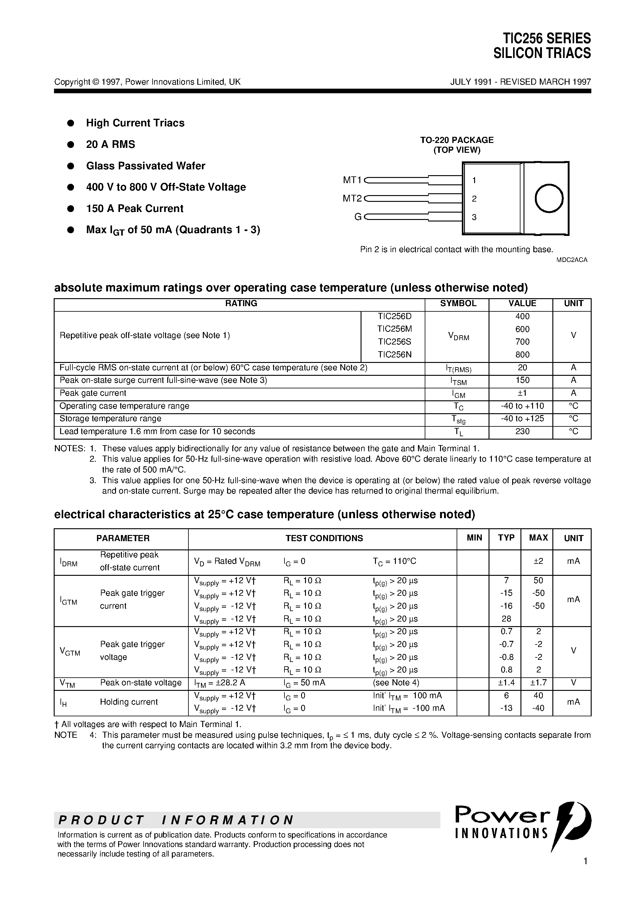 Datasheet TIC256N - SILICON TRIACS page 1