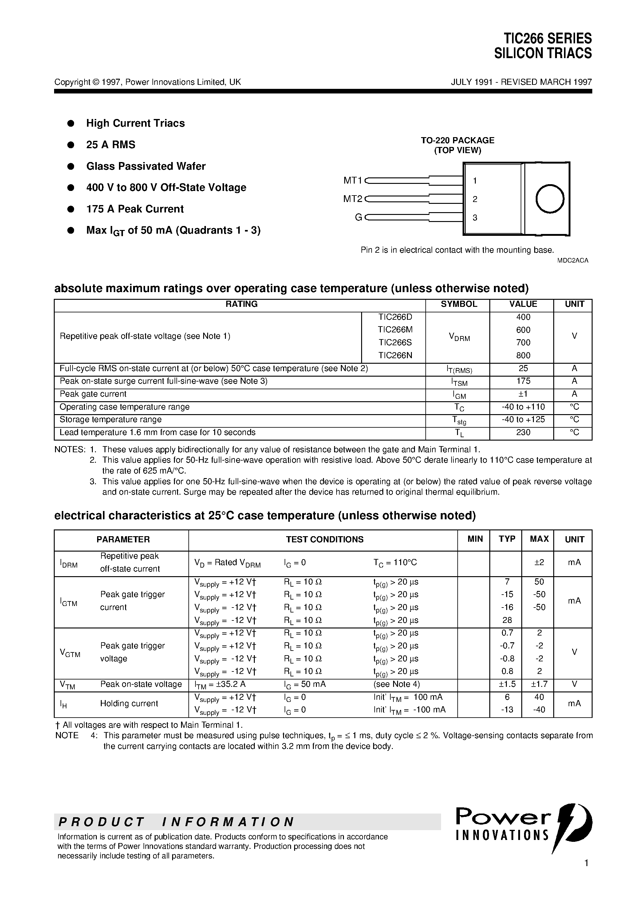 Datasheet TIC266M - SILICON TRIACS page 1