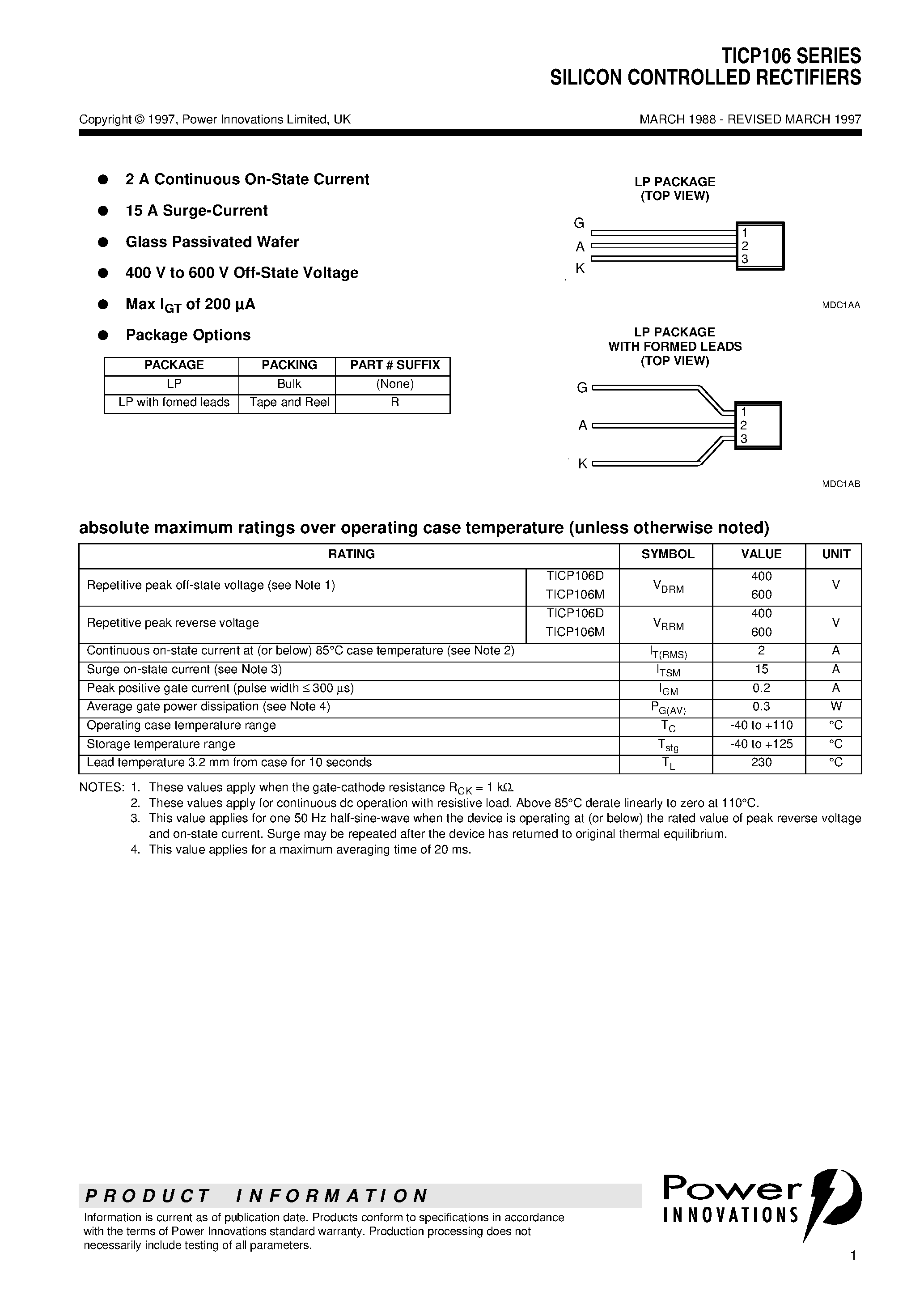 Datasheet TICP106M page 1 Datasheet TICP106M - SILICON CONTROLLED RECTIFIERS page 1