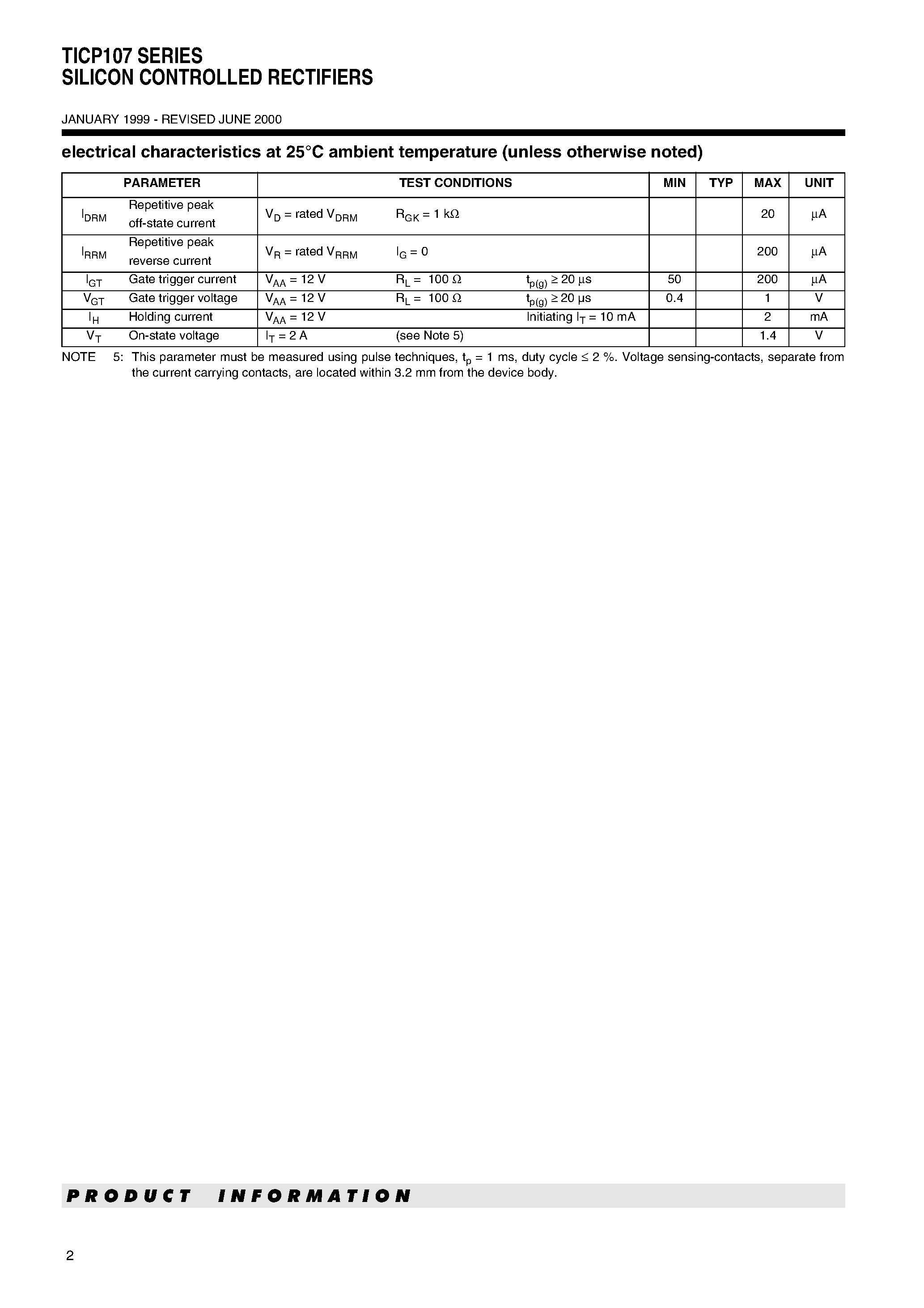 Datasheet TICP107 - SILICON CONTROLLED RECTIFIERS page 2