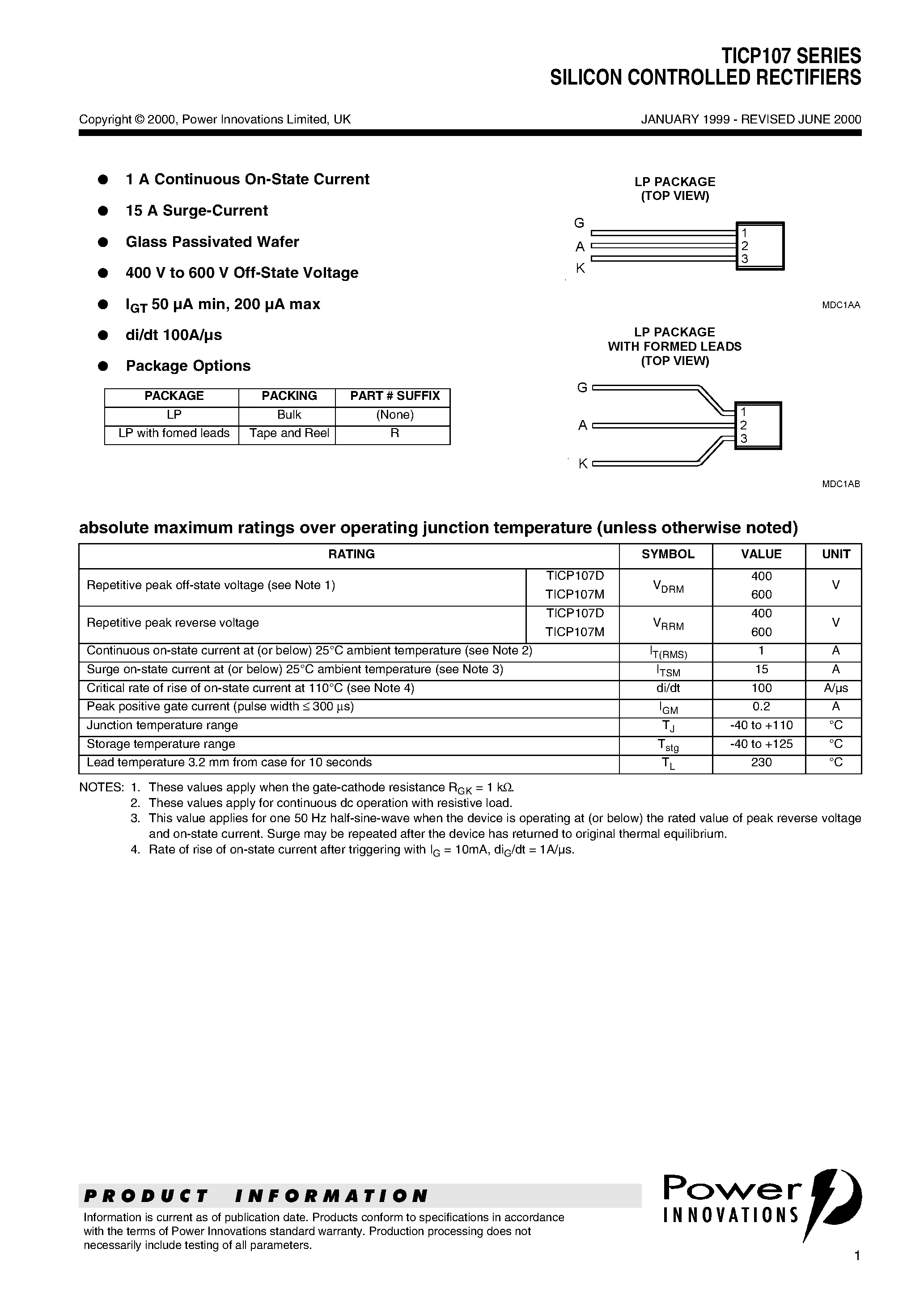 Datasheet TICP107M - SILICON CONTROLLED RECTIFIERS page 1