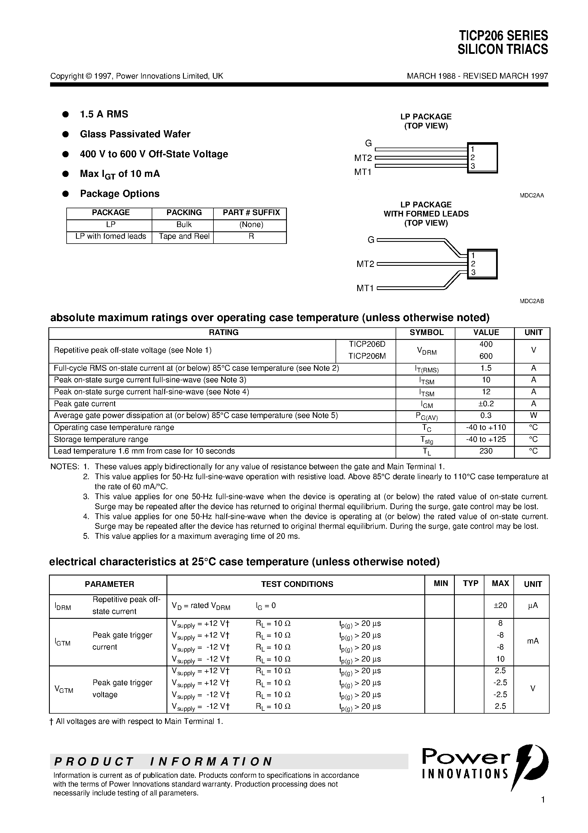 Datasheet TICP206M - SILICON TRIACS page 1