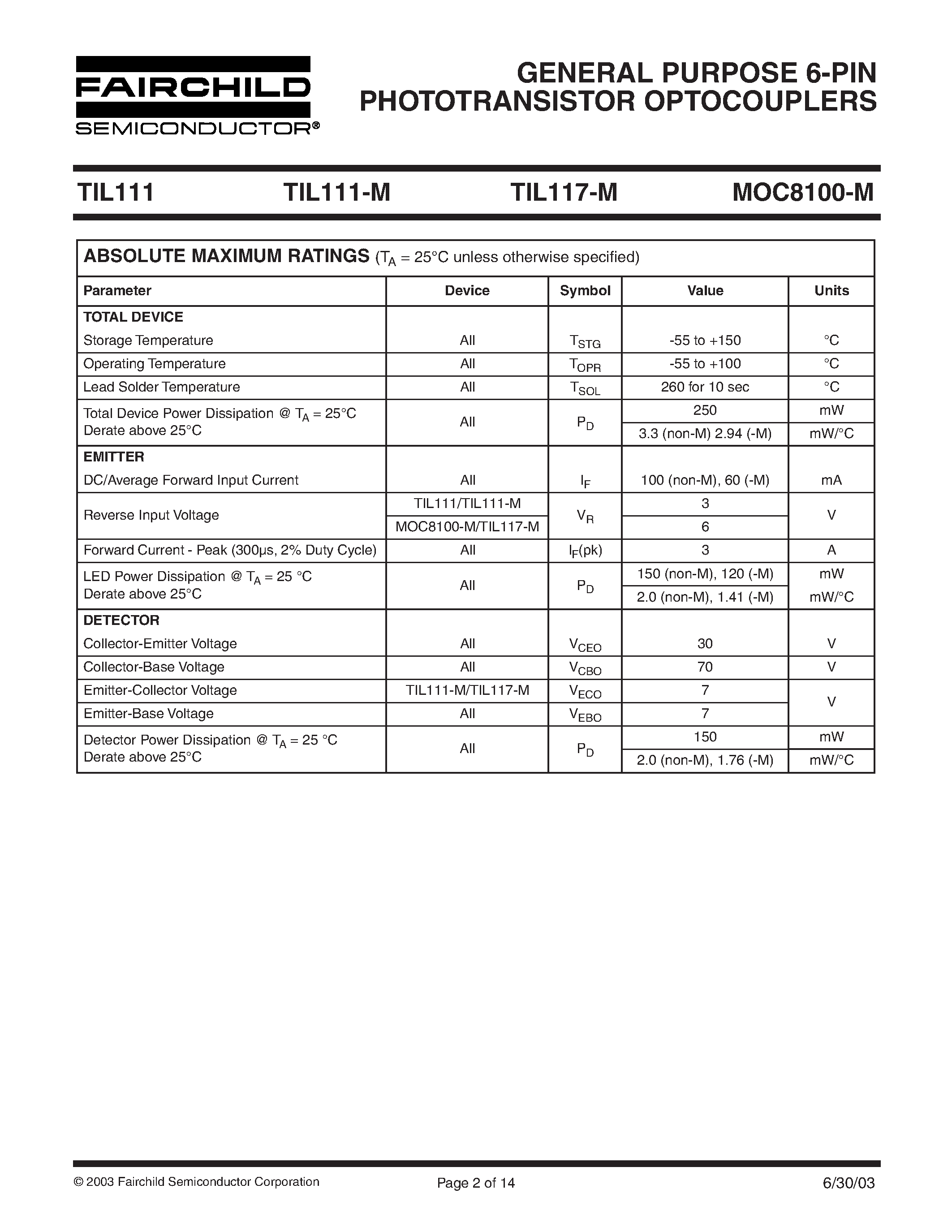 Datasheet TIL111-M - GENERAL PURPOSE 6-PIN PHOTOTRANSISTOR OPTOCOUPLERS page 2