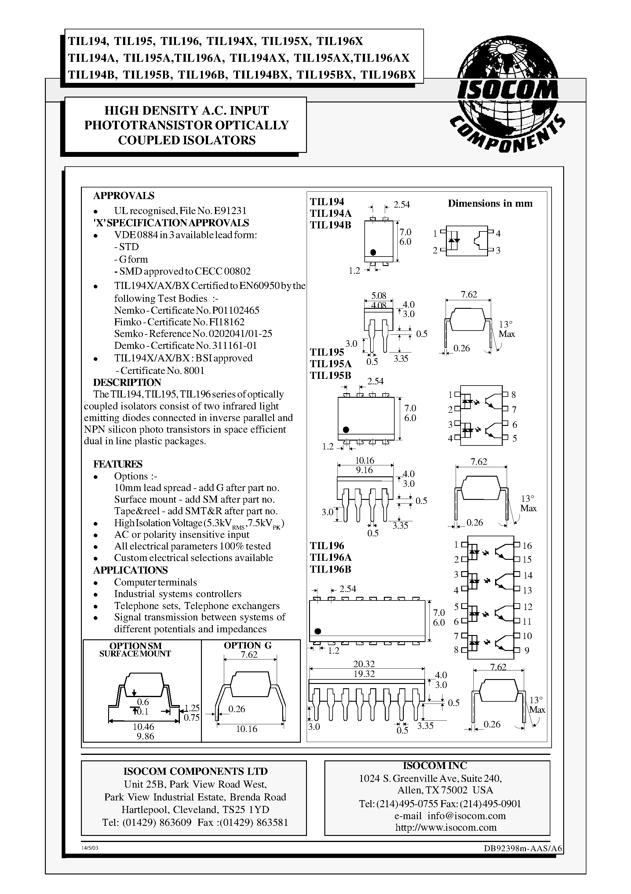 Datasheet TIL194BX - HIGH DENSITY A.C. INPUT PHOTOTRANSISTOR OPTICALLY COUPLED ISOLATORS page 1