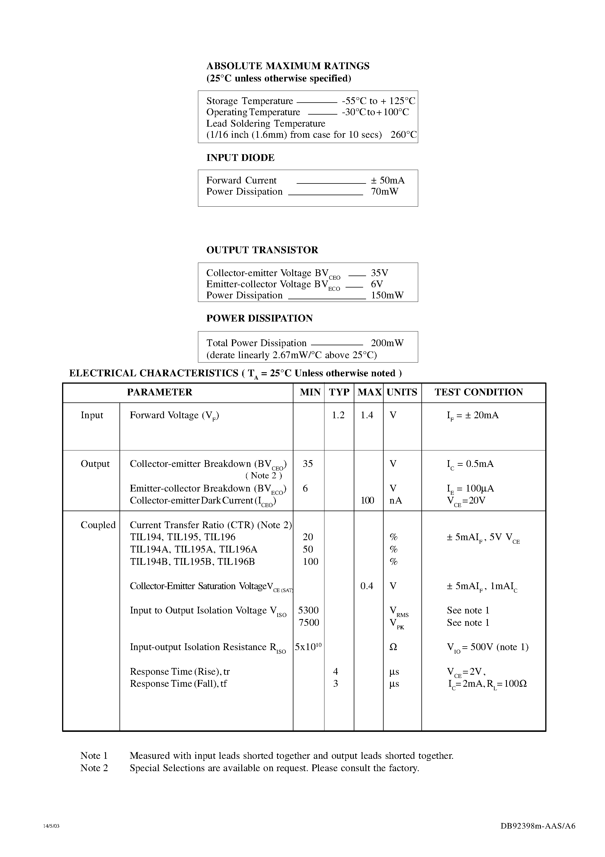 Даташит TIL196AXTIL194B - HIGH DENSITY A.C. INPUT PHOTOTRANSISTOR OPTICALLY COUPLED ISOLATORS страница 2