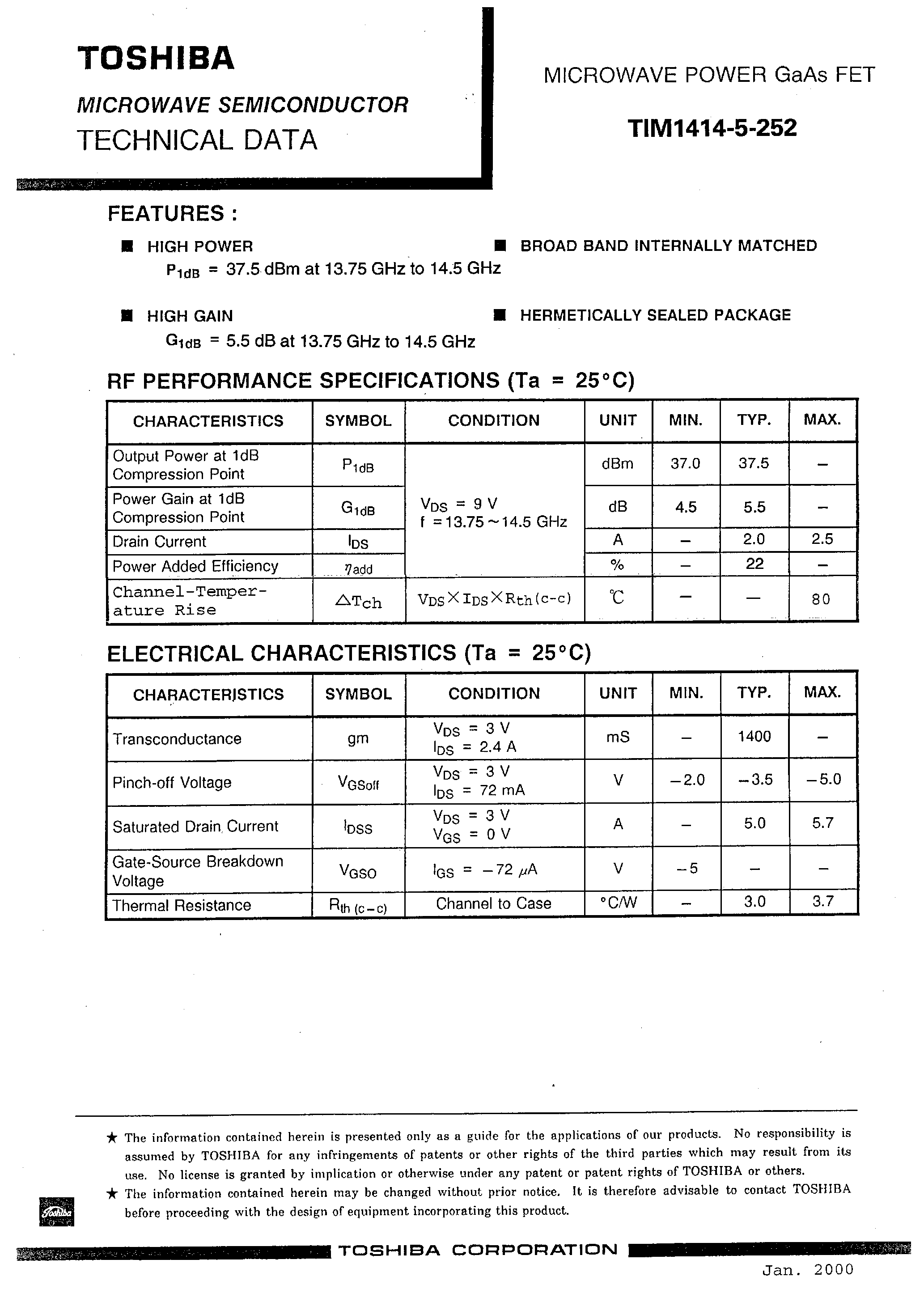 Даташит на микросхему TIM1414-5-252 страница 1 Даташит TIM1414-5-252 - POWER GAAS FET страница 1