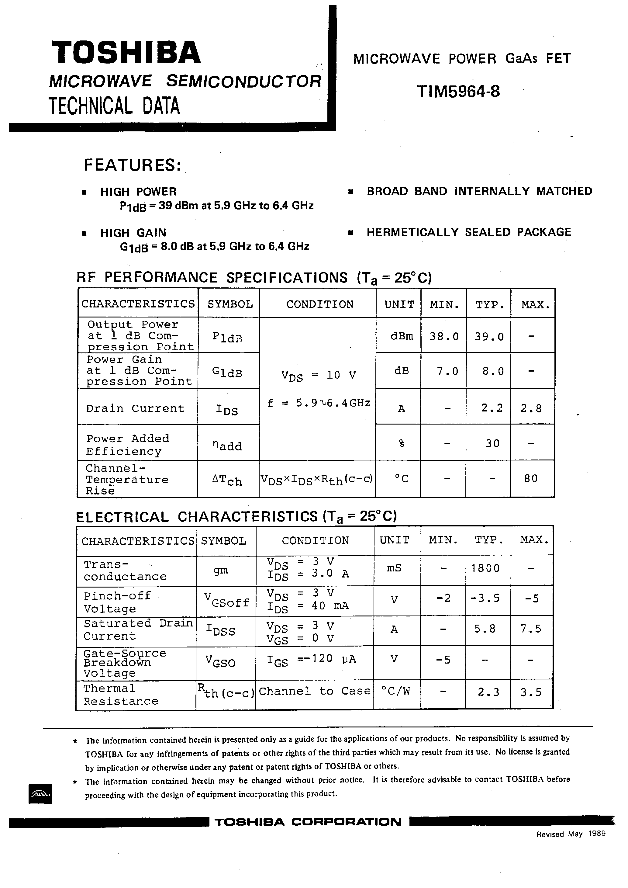 Datasheet TIM5964-8 - MICROWAVE POWER GAAS FET page 1