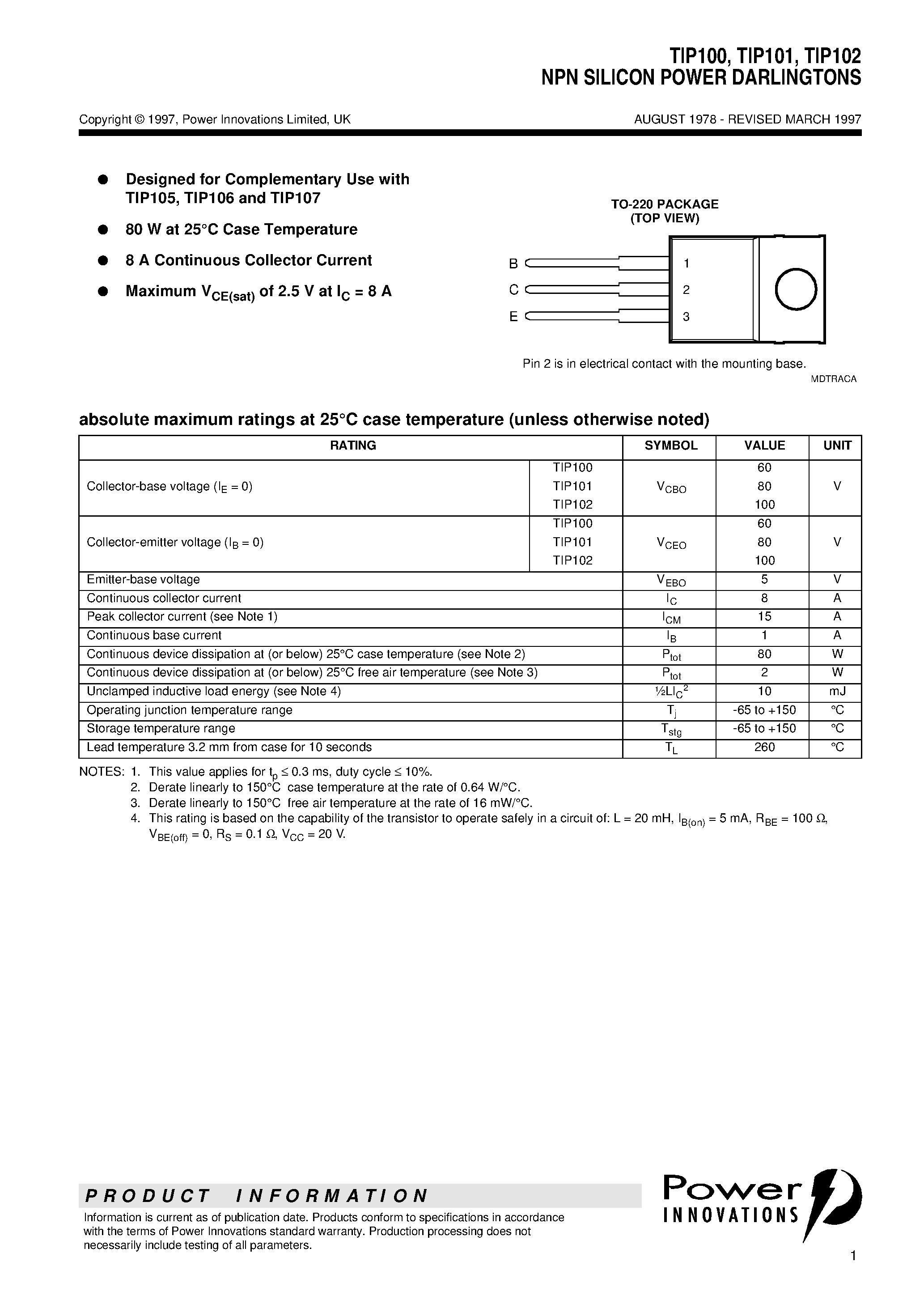 Datasheet TIP100 - NPN SILICON POWER DARLINGTONS page 1