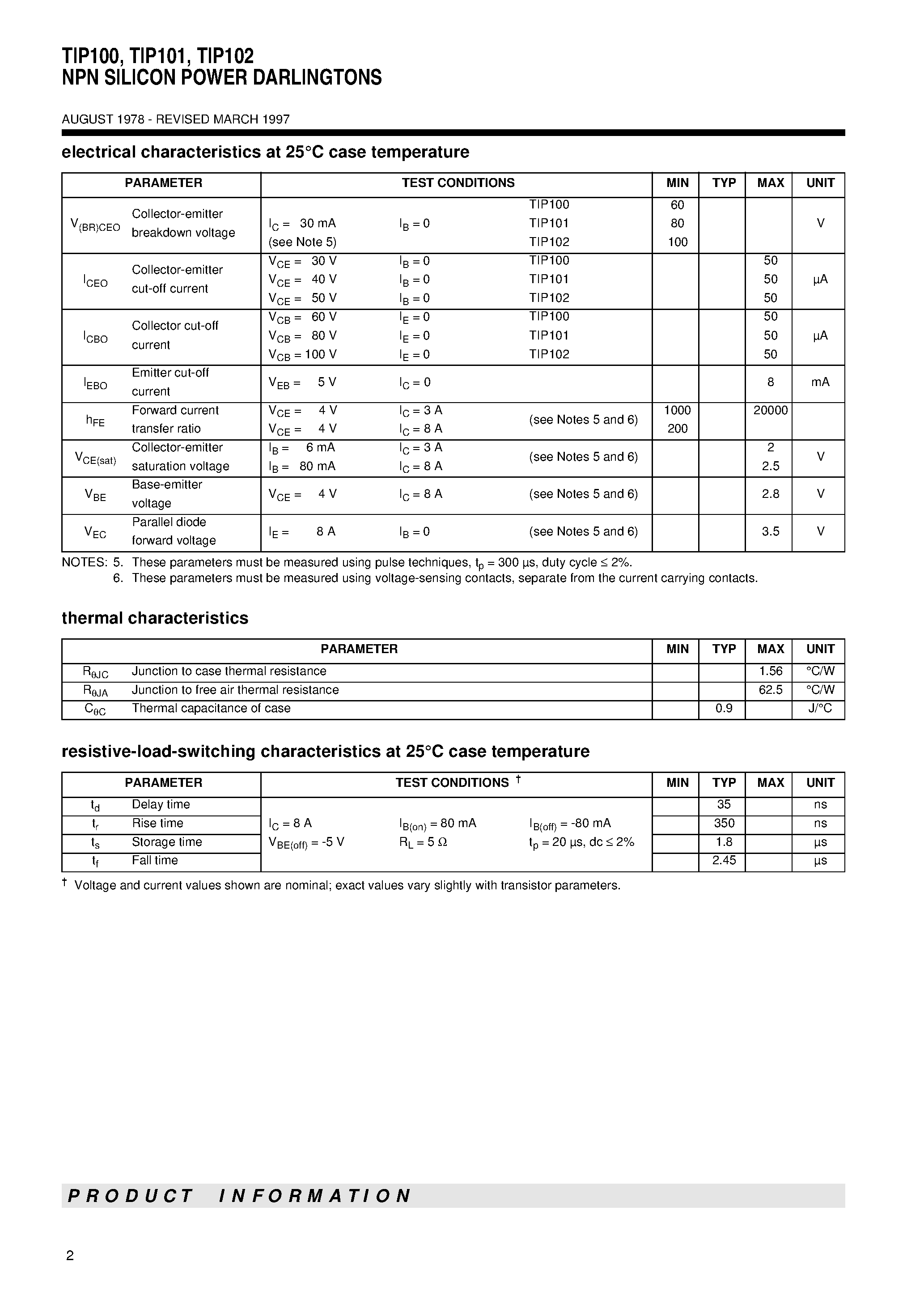 Datasheet TIP100 - NPN SILICON POWER DARLINGTONS page 2