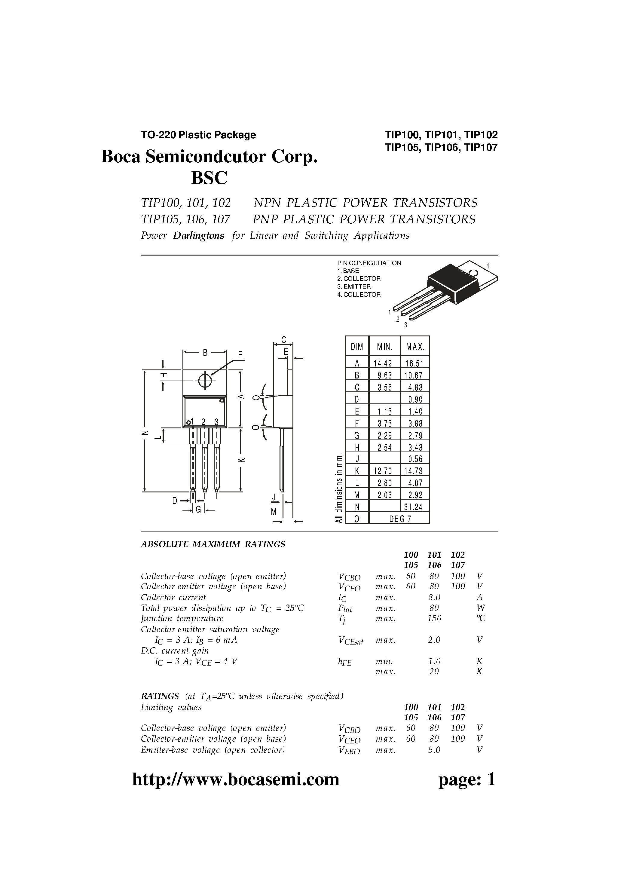 Datasheet TIP100 page 1 Datasheet TIP100 - Power Darlingtons for Linear and Switching Applications page 1