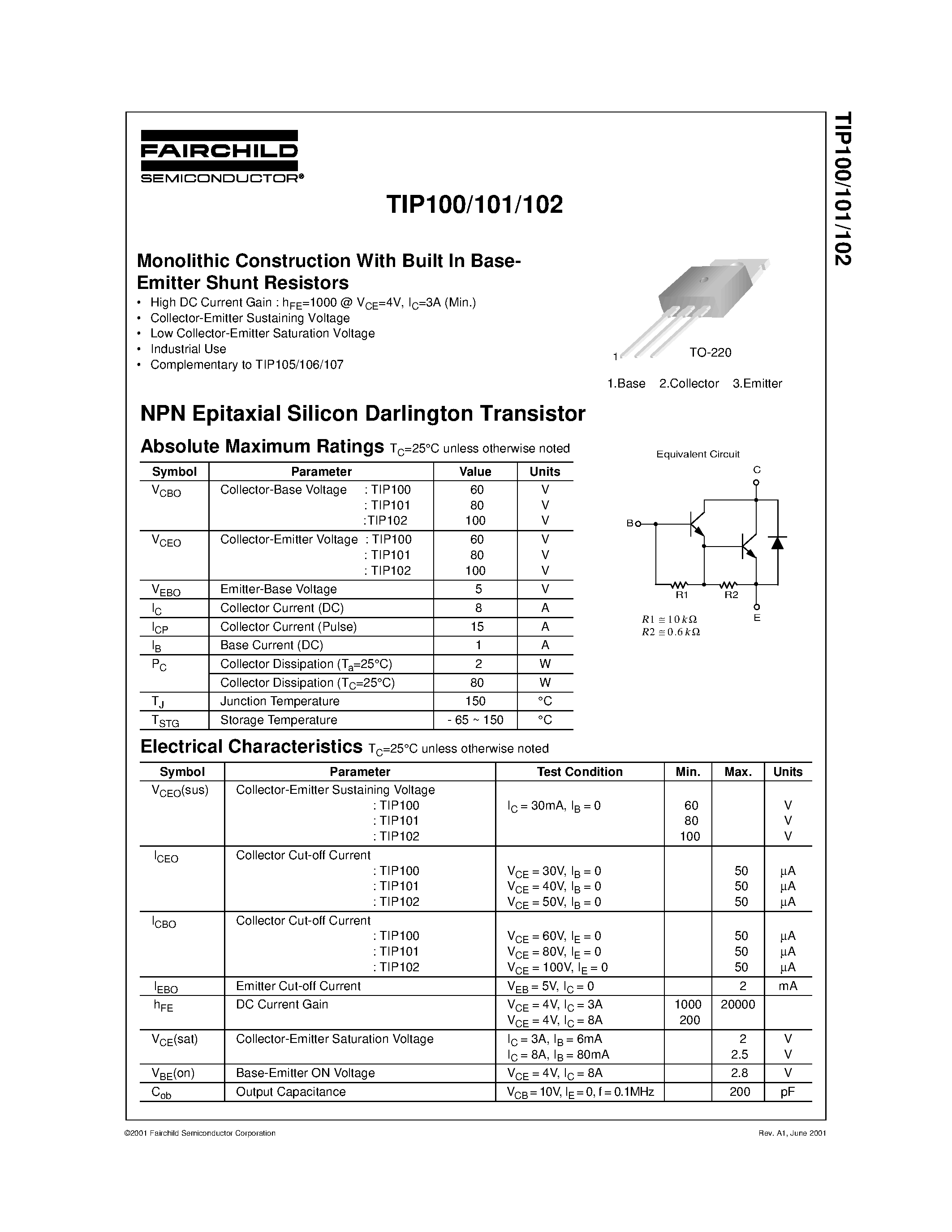 Datasheet TIP102 - Monolithic Construction With Built In Base- Emitter Shunt Resistors page 1