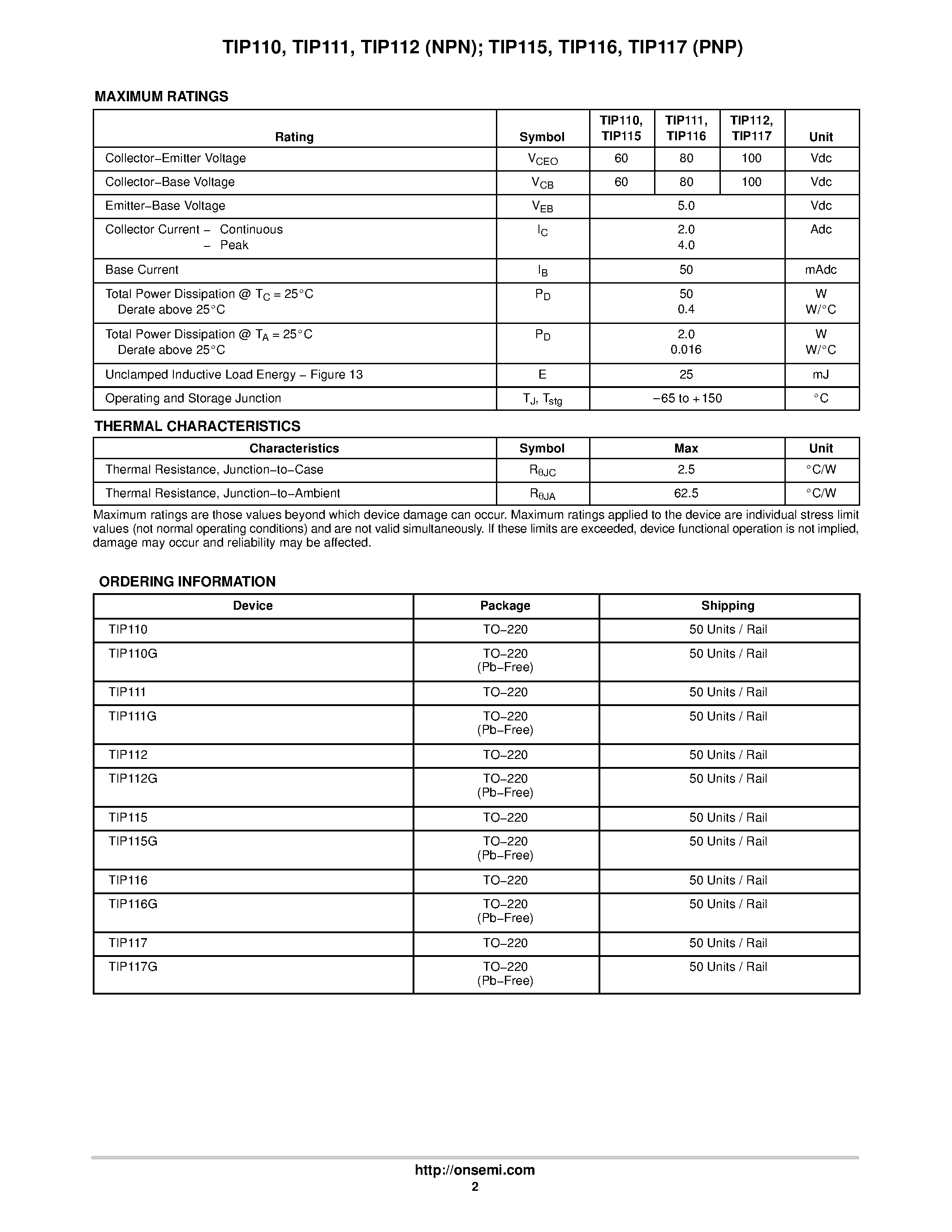 Datasheet TIP111 - Plastic Medium-Power Complementary Silicon Transistors page 2
