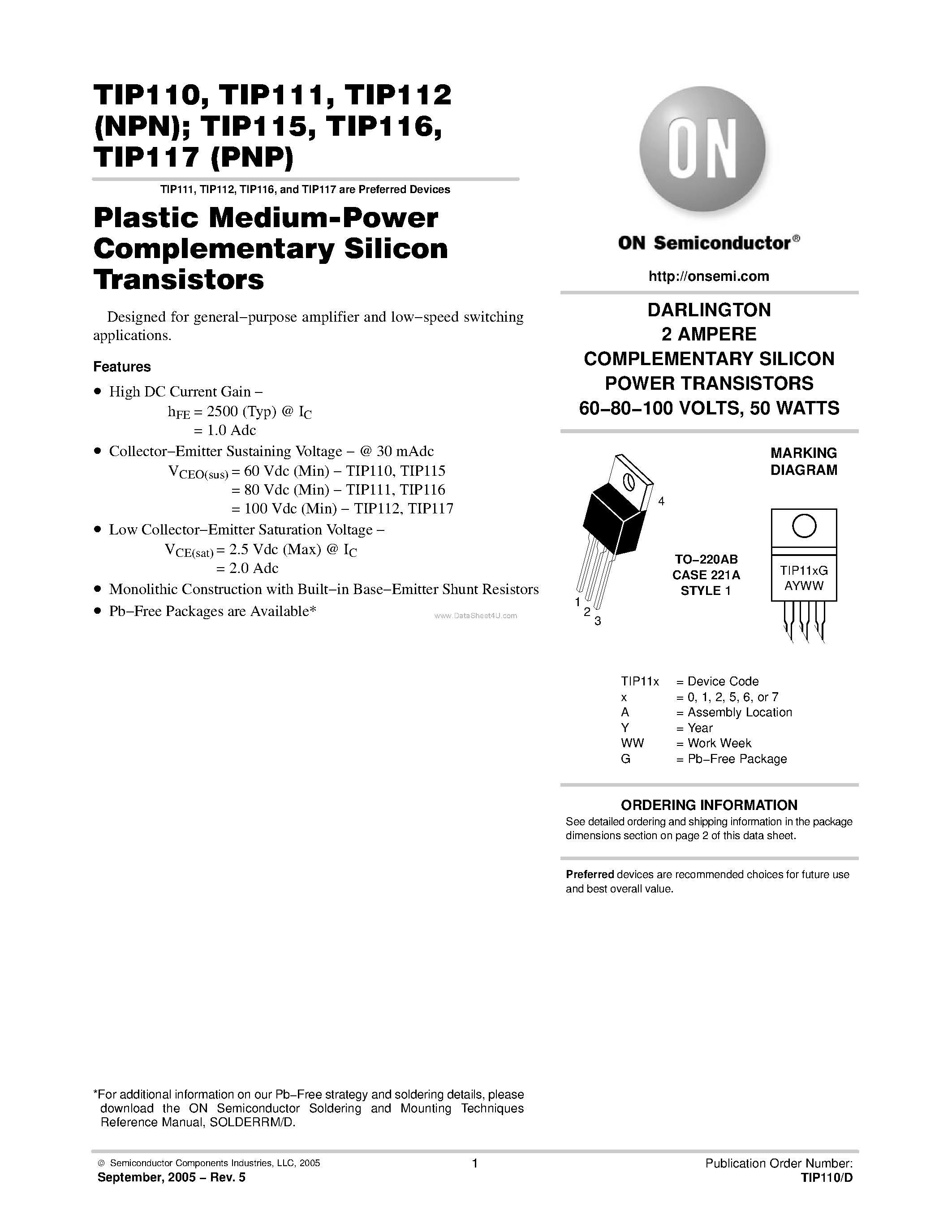 Даташит TIP112 - Plastic Medium-Power Complementary Silicon Transistors страница 1