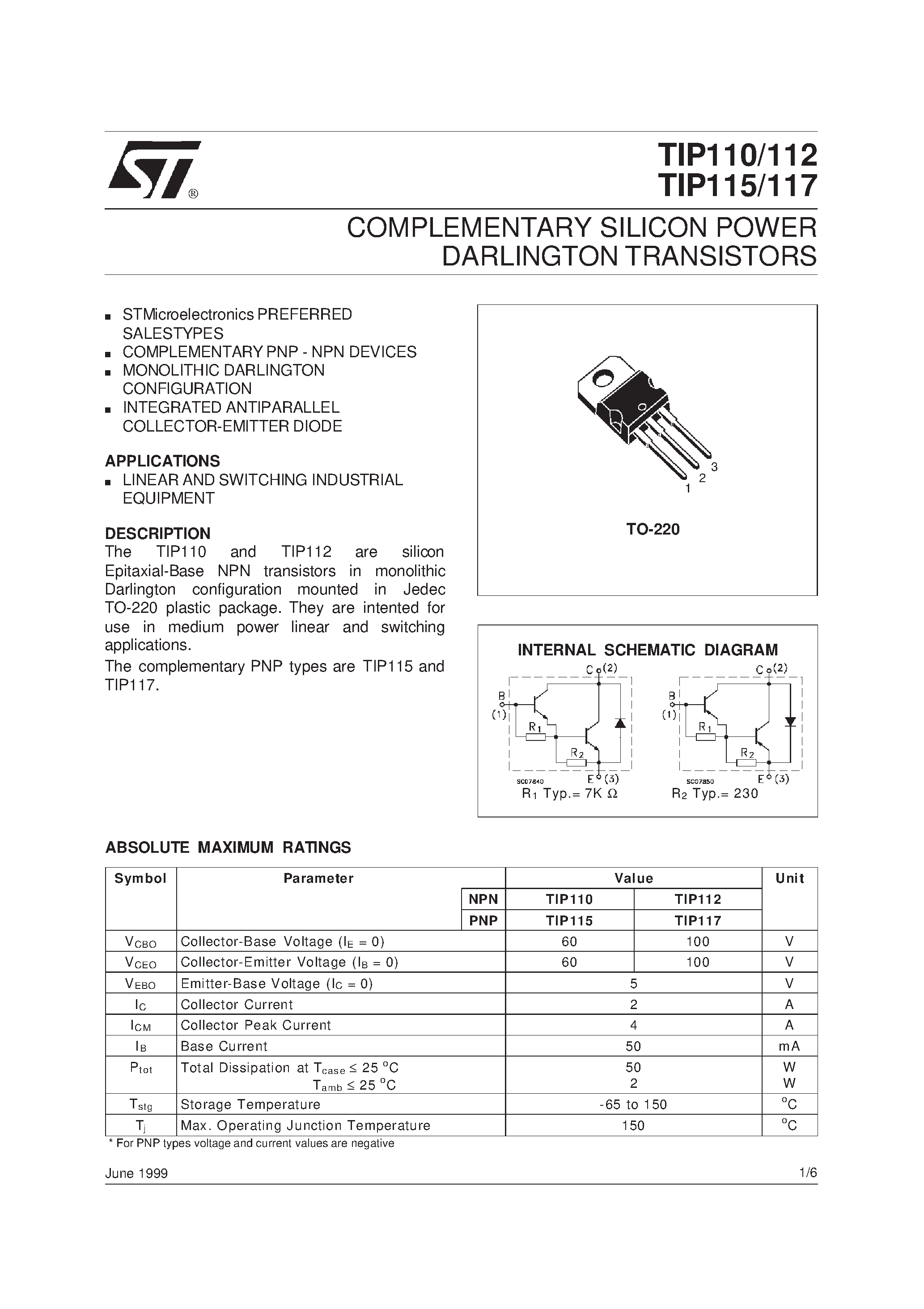 Даташит на микросхему TIP115 страница 1 Даташит TIP115 - COMPLEMENTARY SILICON POWER DARLINGTON TRANSISTORS страница 1
