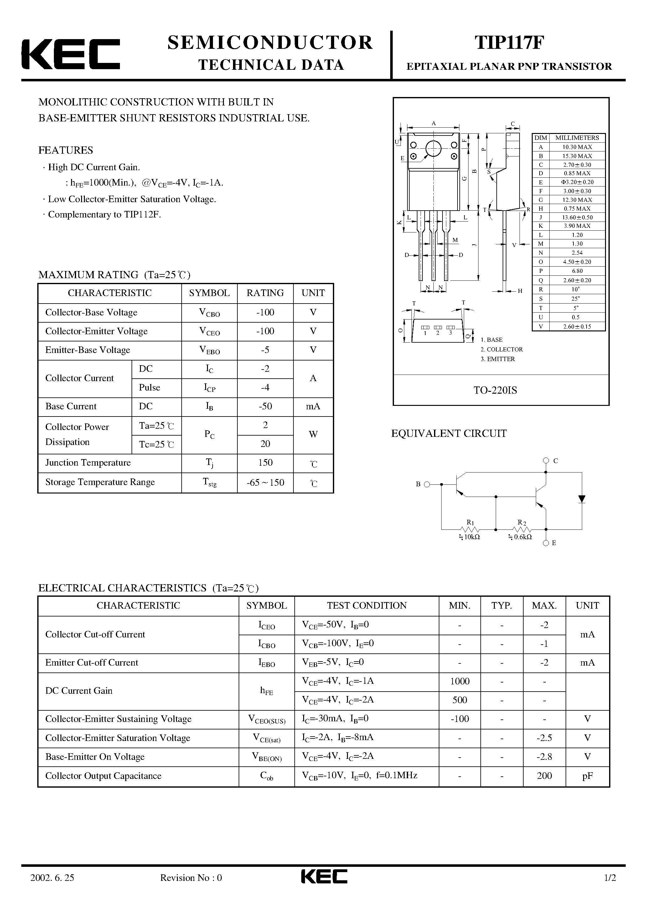 Даташит TIP117F - EPITAXIAL PLANAR PNP TRANSISTOR (MONOLITHIC CONSTRUCTION WITH BUILT IN BASE-EMITTER SHUNT RESISTORS INDUSTRIAL USE.) страница 1