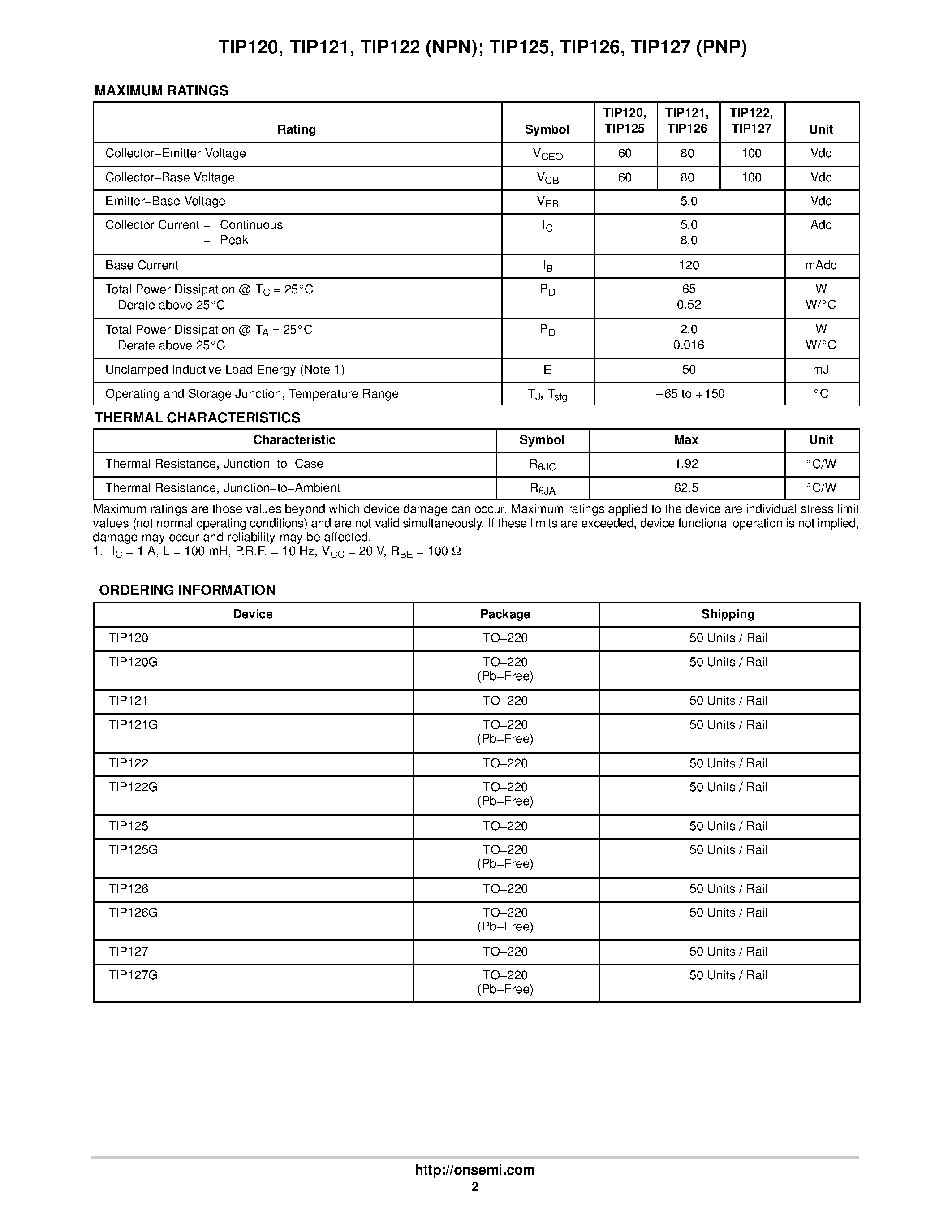 Даташит TIP120 - DARLINGTON COMPLEMENTARY SILICON POWER TRANSISTORS страница 2