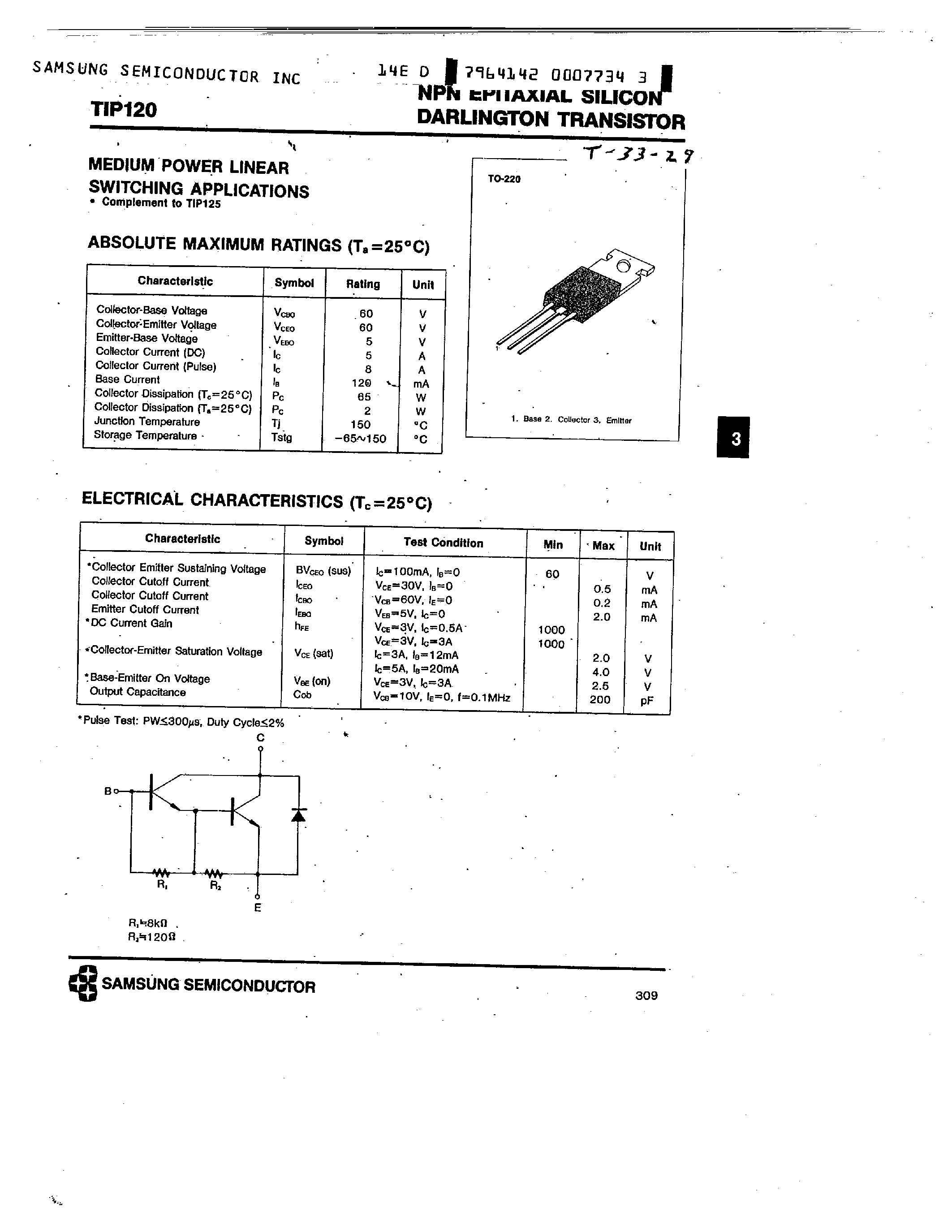 Даташит TIP120 - NPN (MEDIUM POWER LINEAR SWITCHING APPLICATIONS) страница 1