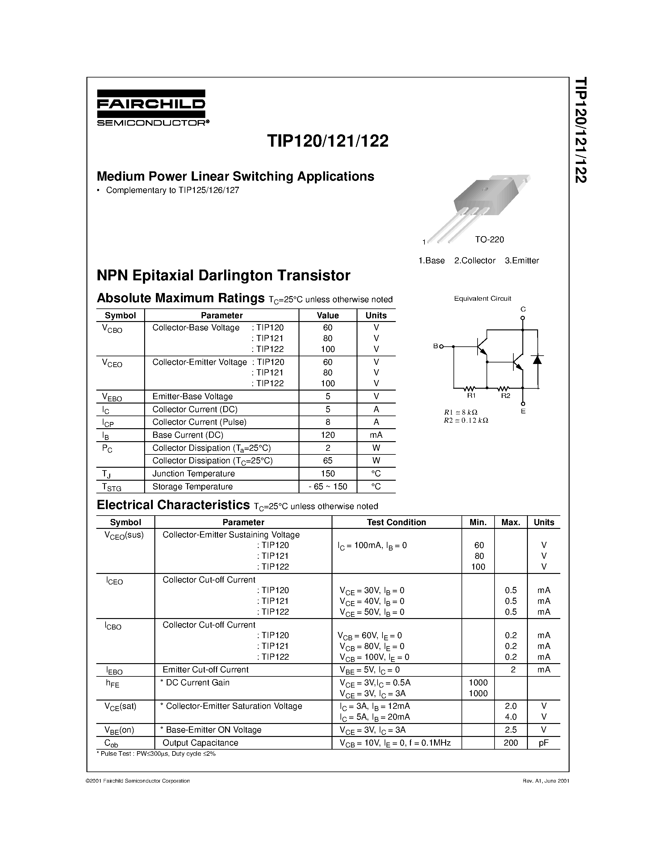 Даташит TIP120 - Medium Power Linear Switching Applications страница 1