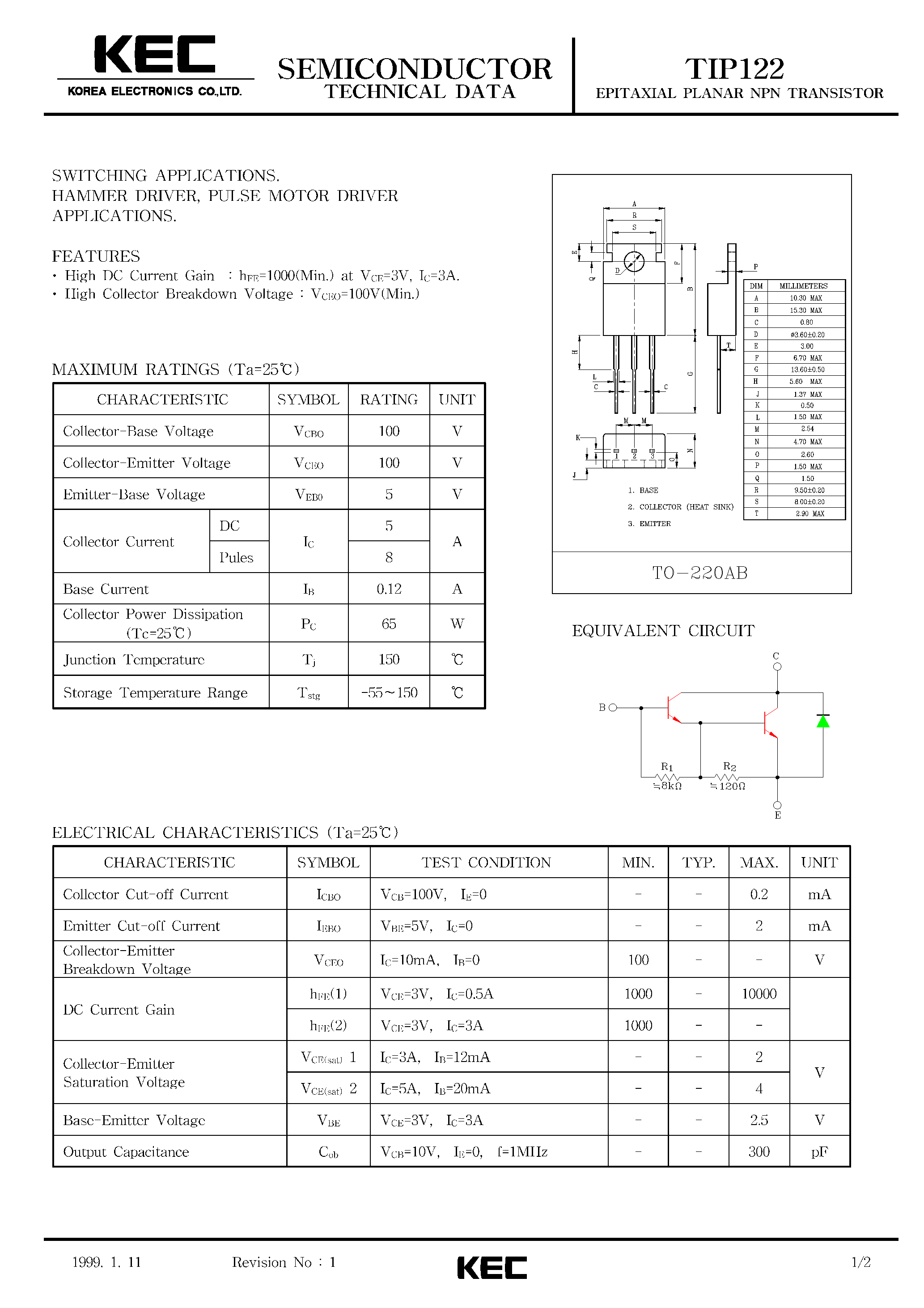 Даташит TIP122 - EPITAXIAL PLANAR NPN TRANSISTOR (SWITCHING/ HAMMER DRIVER/PULSE MOTOR DRIVER) страница 1