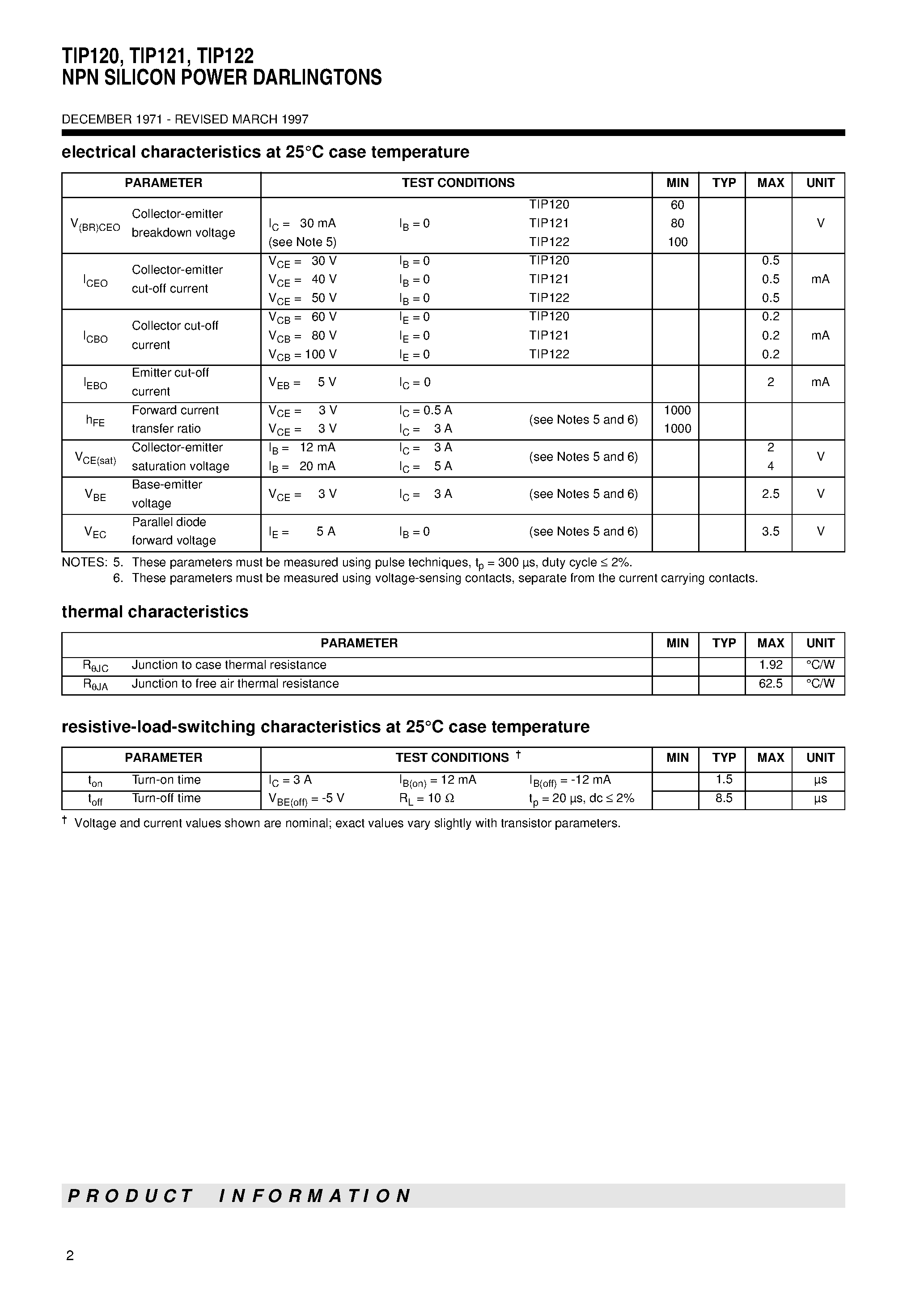 Даташит TIP122 - NPN SILICON POWER DARLINGTONS страница 2