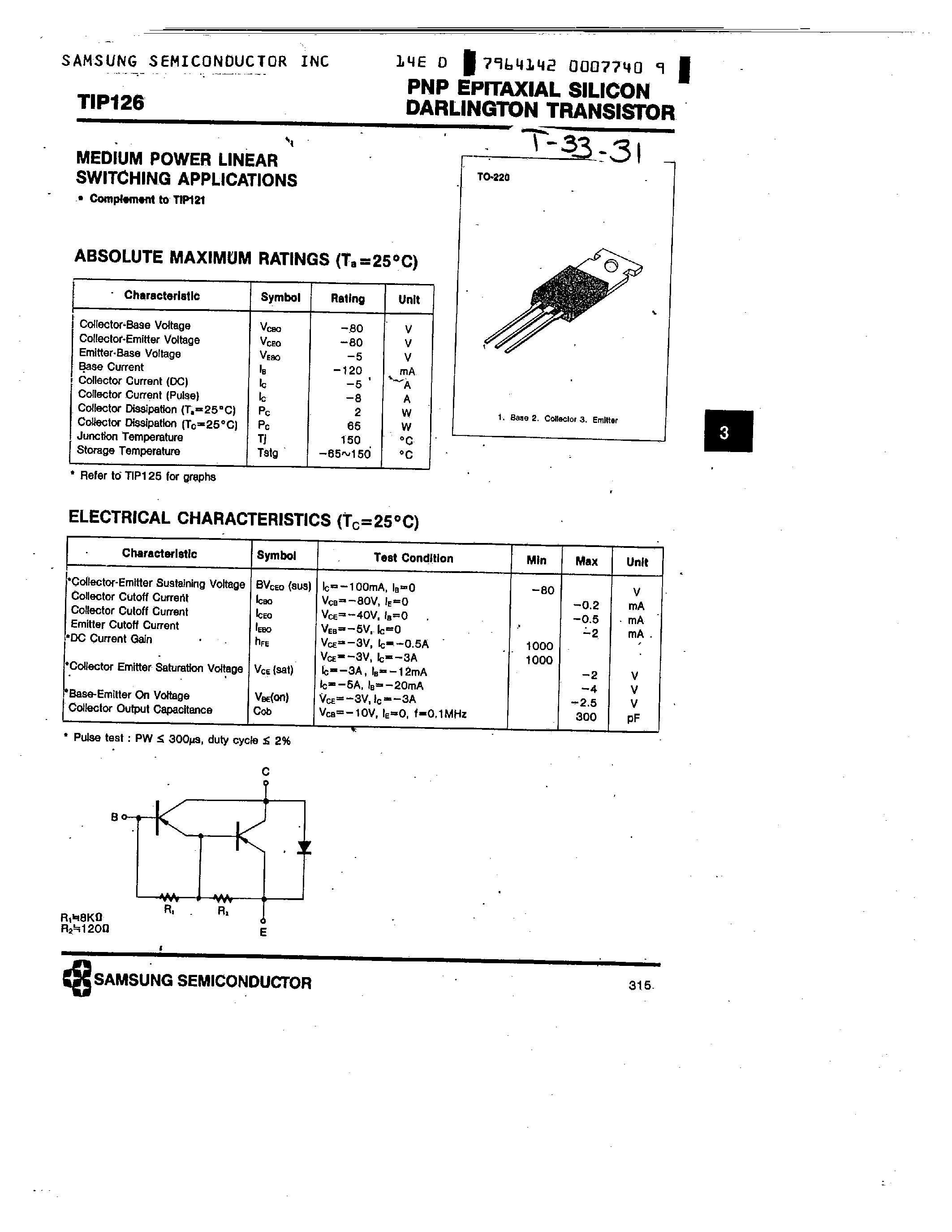 Даташит TIP126 - PNP (MEDIUM POWER LINEAR SWITCHING APPLICATIONS) страница 1