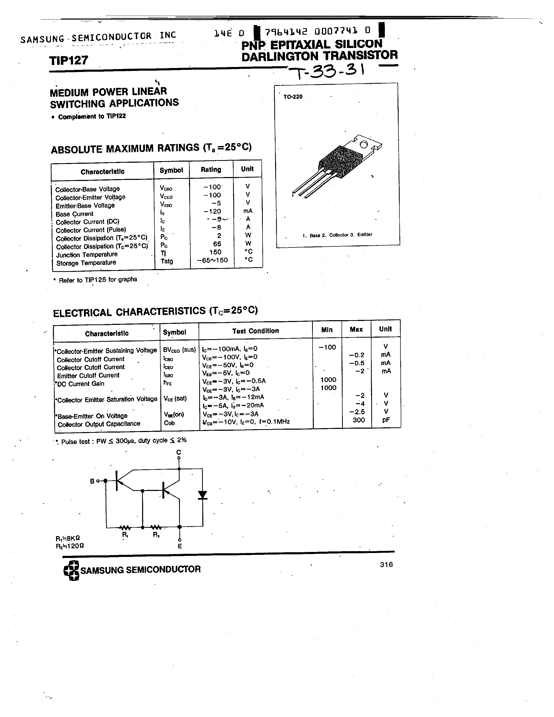 Даташит TIP126 - PNP (MEDIUM POWER LINEAR SWITCHING APPLICATIONS) страница 2
