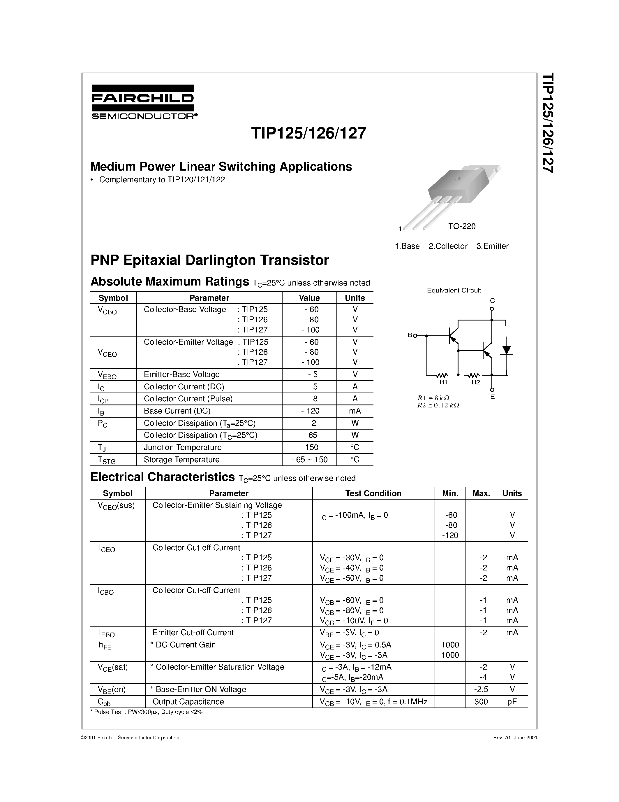 Даташит TIP126 - Medium Power Linear Switching Applications страница 1
