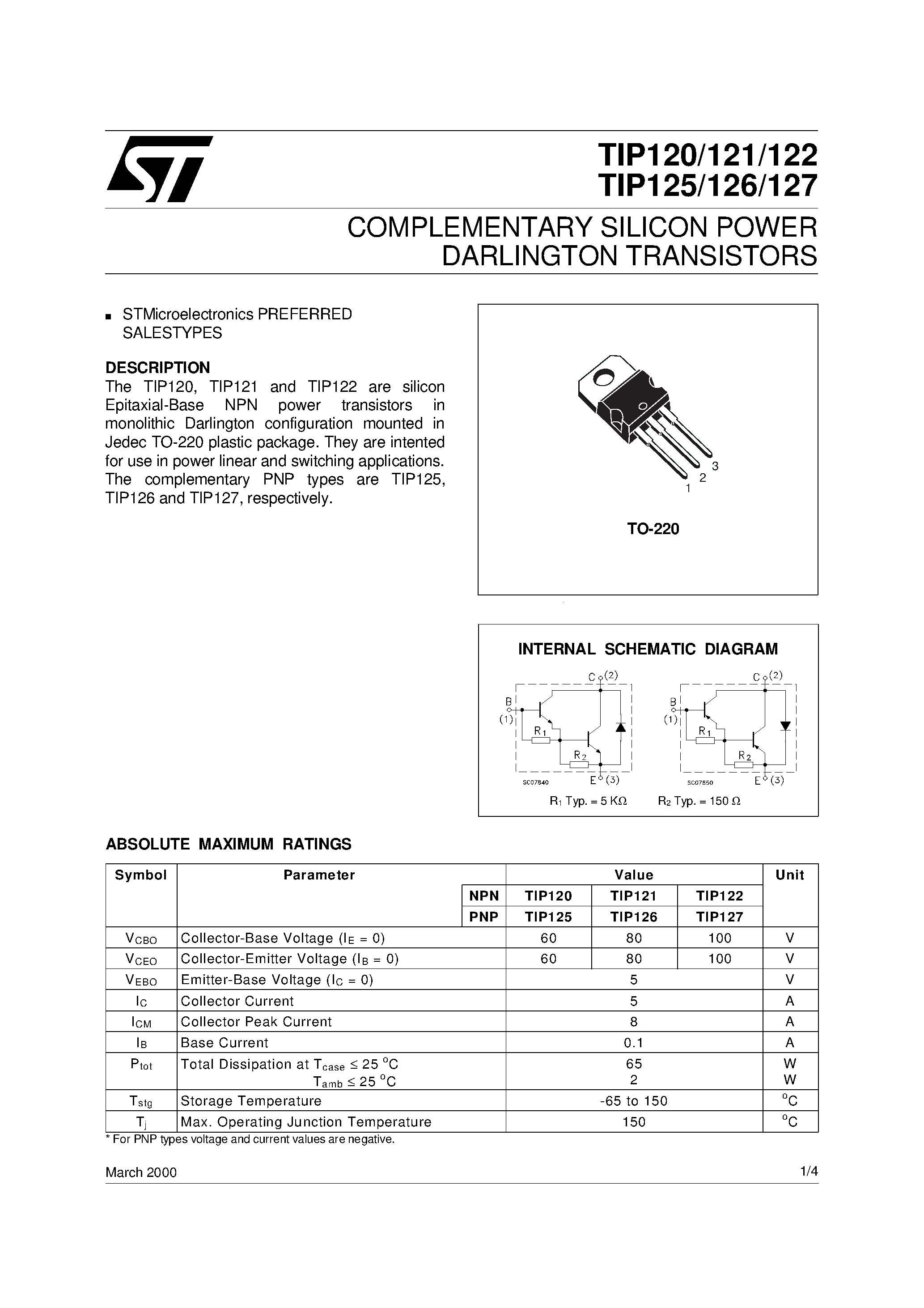Даташит TIP126 - COMPLEMENTARY SILICON POWER DARLINGTON TRANSISTORS страница 1