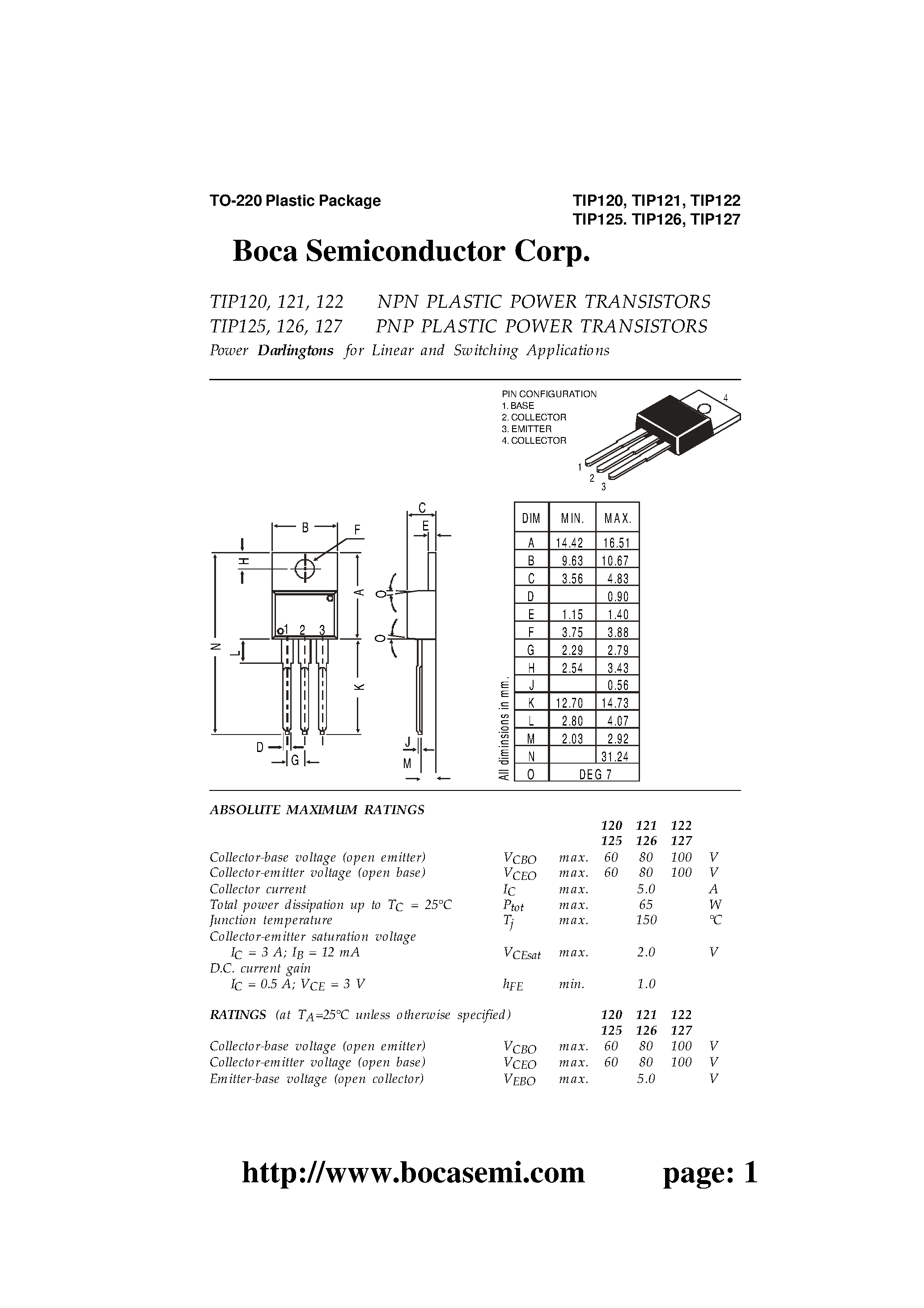 Даташит TIP126 - Power Darlingtons for Linear and Switching Applications страница 1