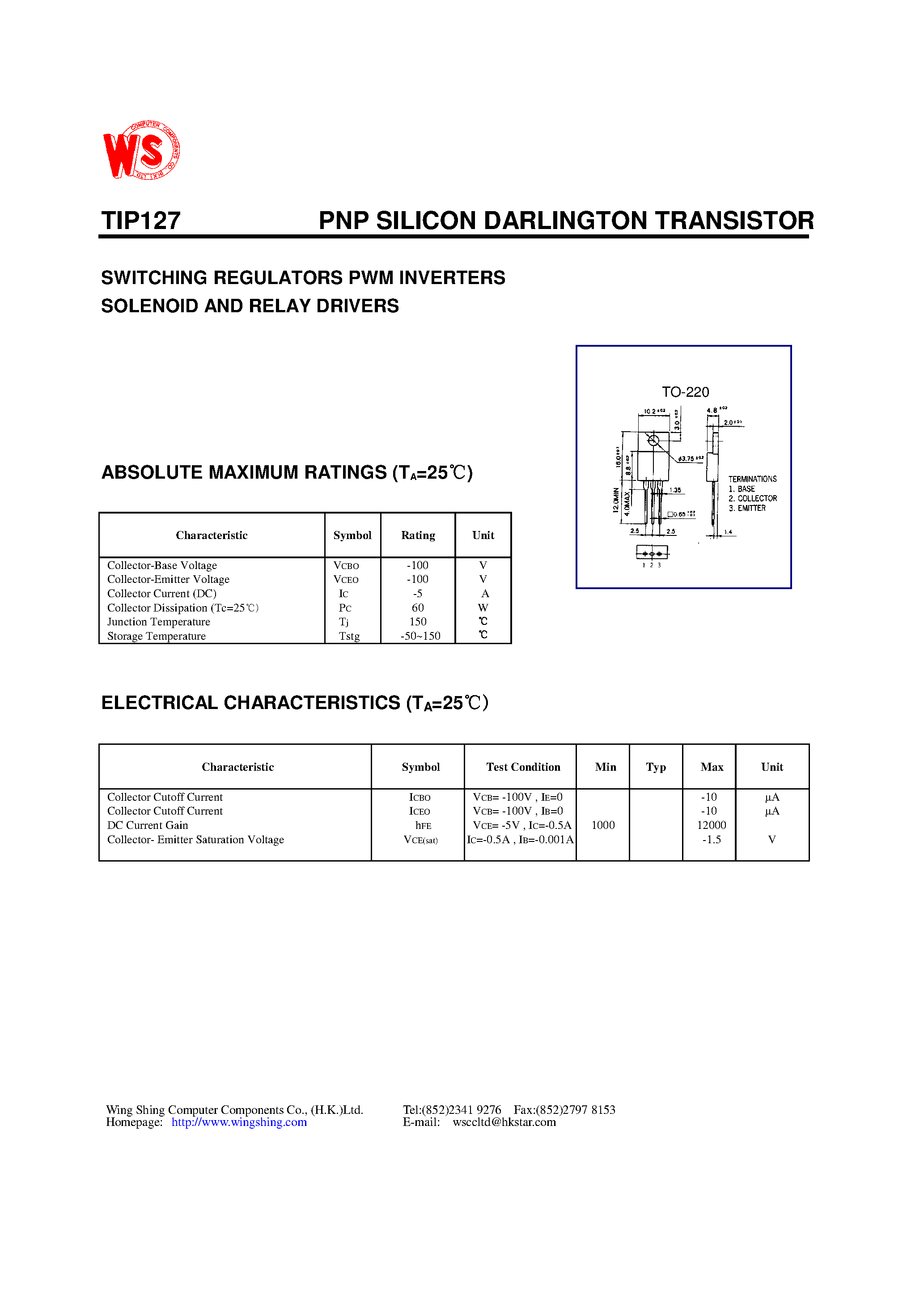 Даташит TIP127 - PNP SILICON DARLINGTON TRANSISTOR(SWITCHING REGULATORS PWM INVERTERS SOLENOID AND RELAY DRIVERS) страница 1